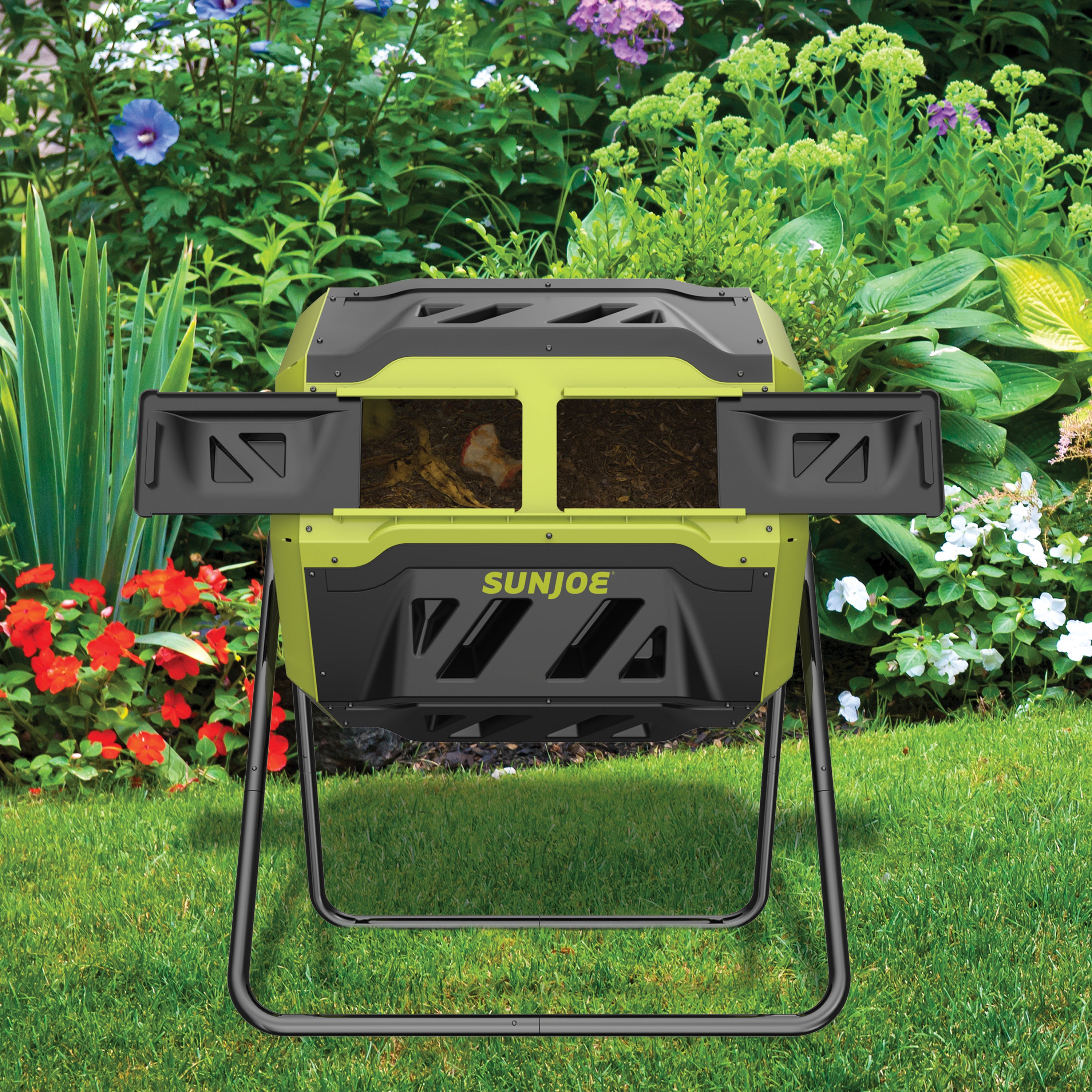 Sun Joe All-Season Outdoor Tumbling Composter | Dual Sliding Chamber | 42-Gallon | 2-10 Weeks