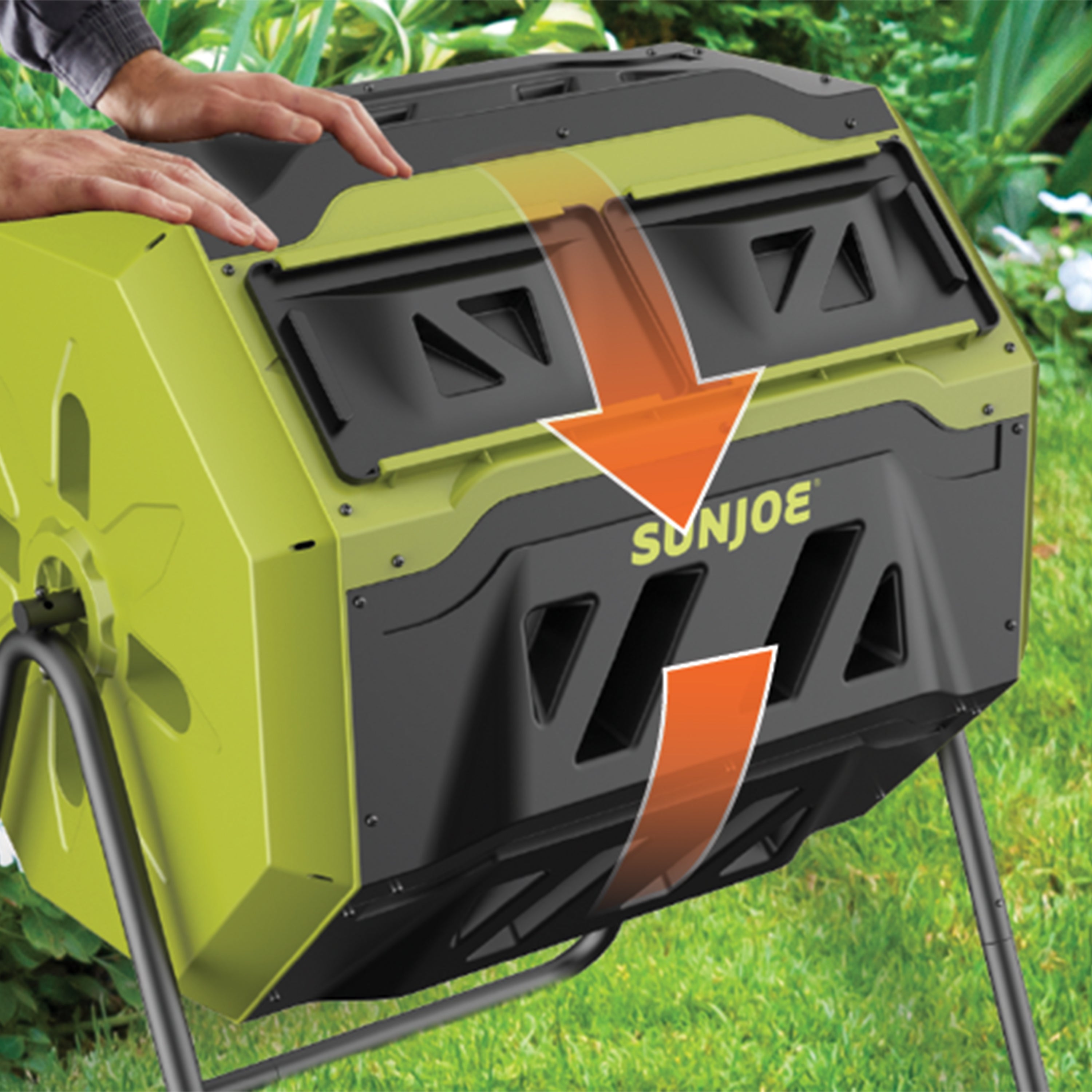 Sun Joe All-Season Outdoor Tumbling Composter | Dual Sliding Chamber | 42-Gallon | 2-10 Weeks