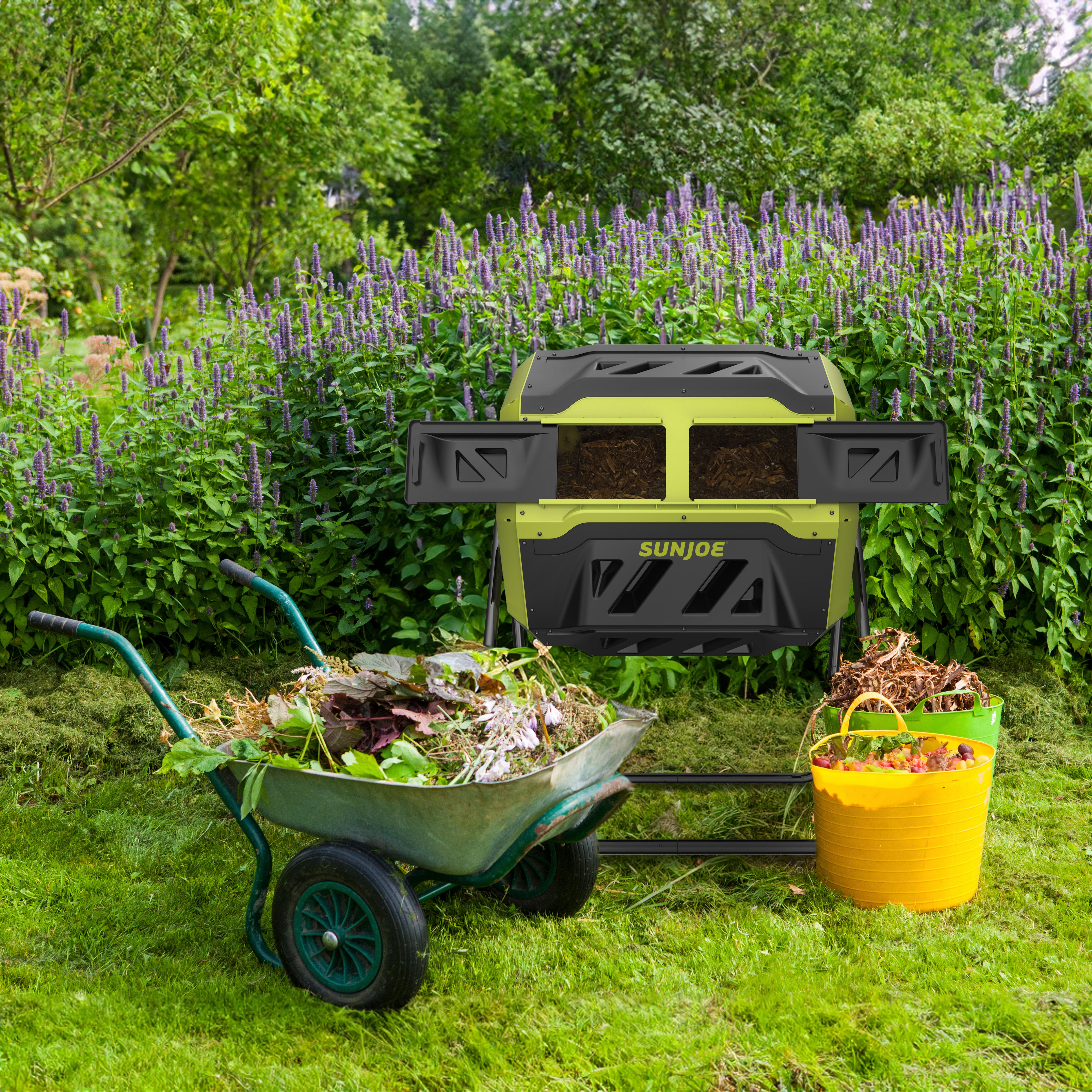 Sun Joe All-Season Outdoor Tumbling Composter | Dual Sliding Chamber | 42-Gallon | 2-10 Weeks