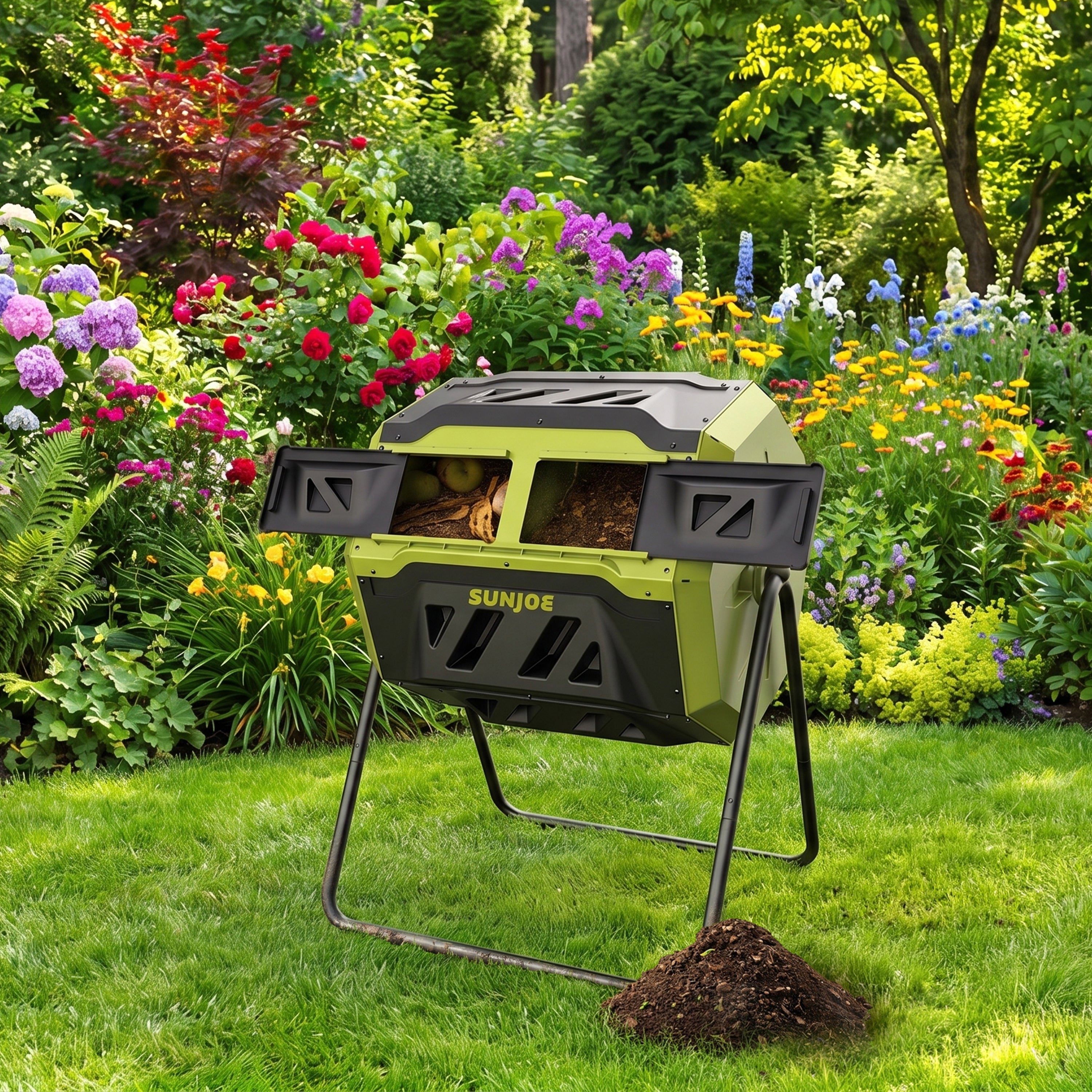 Sun Joe All-Season Outdoor Tumbling Composter | Dual Sliding Chamber | 42-Gallon | 2-10 Weeks