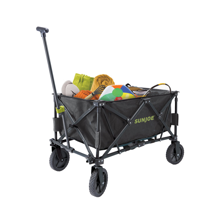 Sun Joe Heavy-Duty Metal Framed Garden Utility Wagon filled with beach items.