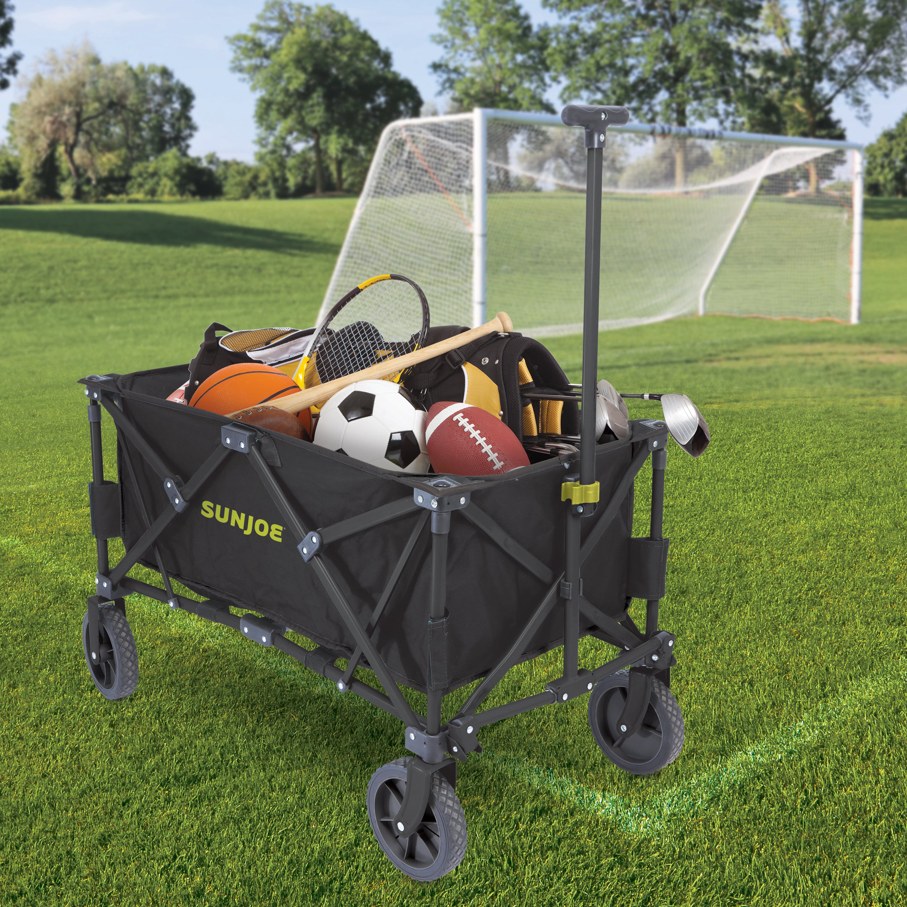 Sun Joe Heavy-Duty Metal Framed Garden Utility Wagon filled with sports balls and equipment.