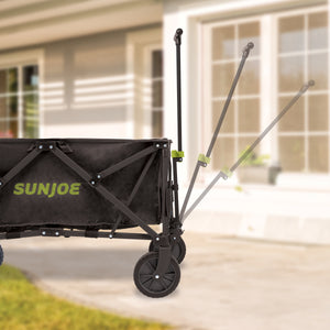 Sun Joe Heavy-Duty Metal Framed Garden Utility Wagon with motion blur showing the adjustable handle.