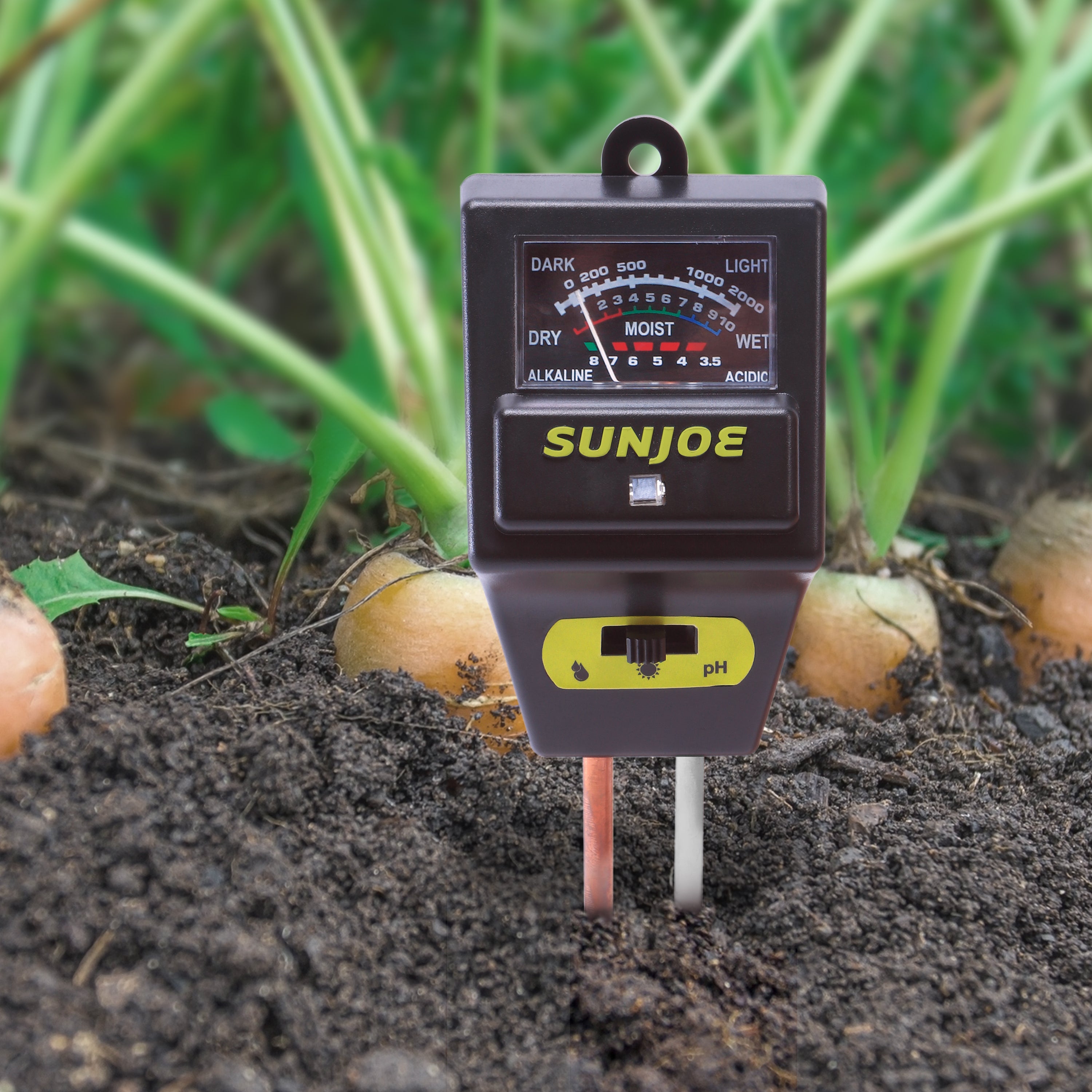 Sun Joe 3-in-1 Soil Meter with Moisture, pH, and Light Meter in soil with plants behind it.