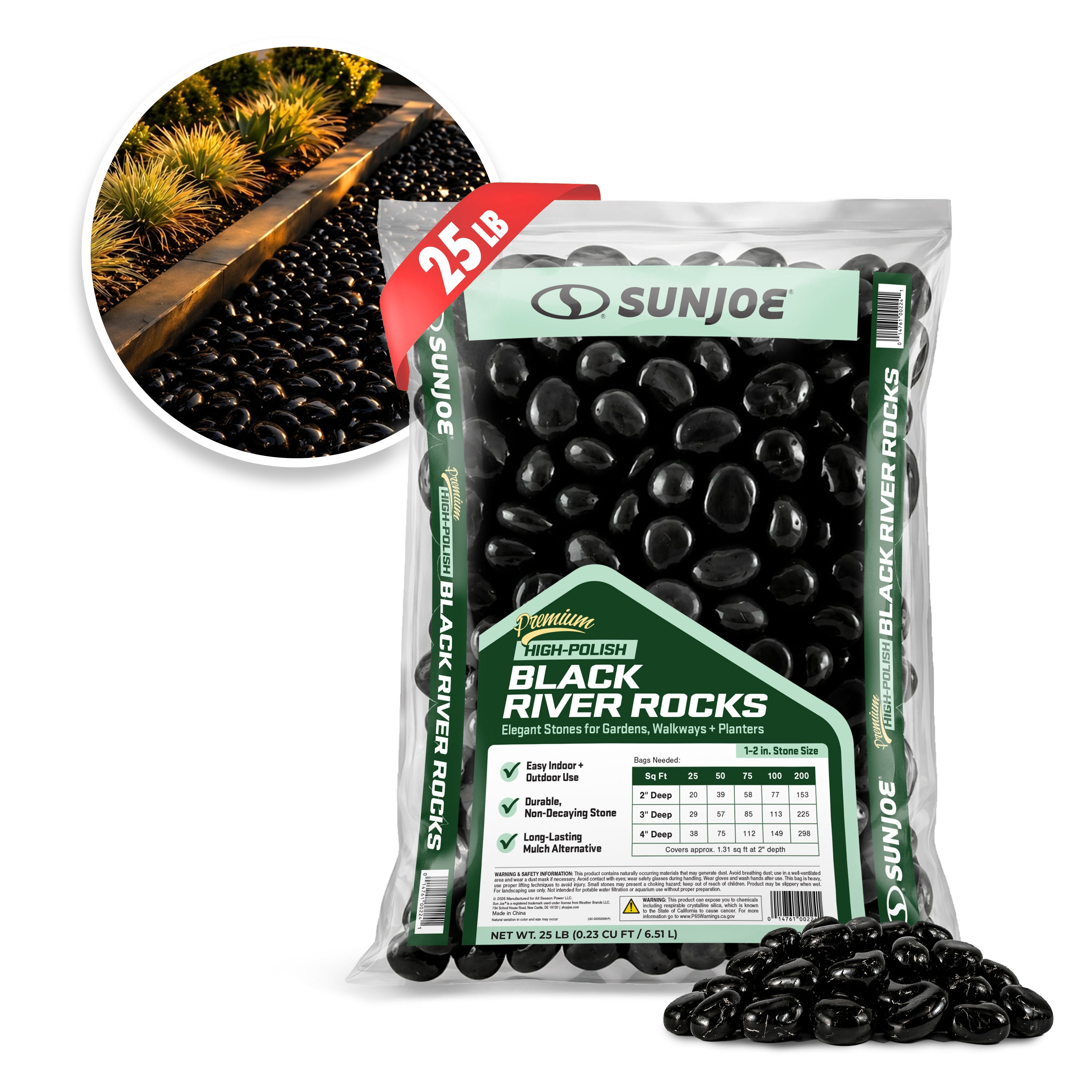 Sto Rocks Sun Joe Premium High-polish Black Decorative River Rocks | 1-2 In. Sto