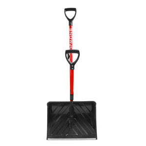 Front view of the Snow Joe 18-inch Red Shovelution Strain-Reducing Snow Shovel with spring assisted handle.