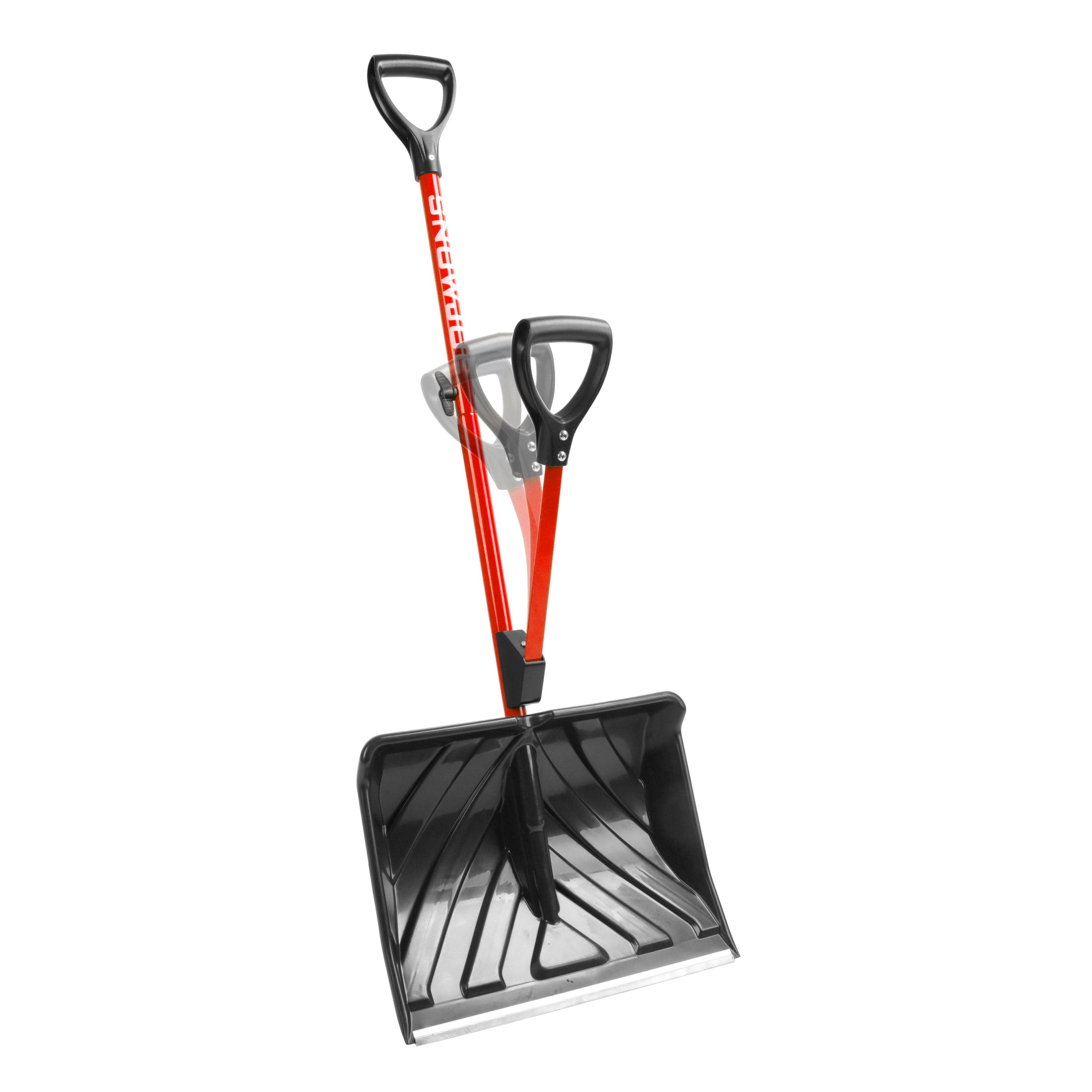 Angled view of the Snow Joe 18-inch Red Shovelution Strain-Reducing Snow Shovel with motion blur showing the spring assisted handle.