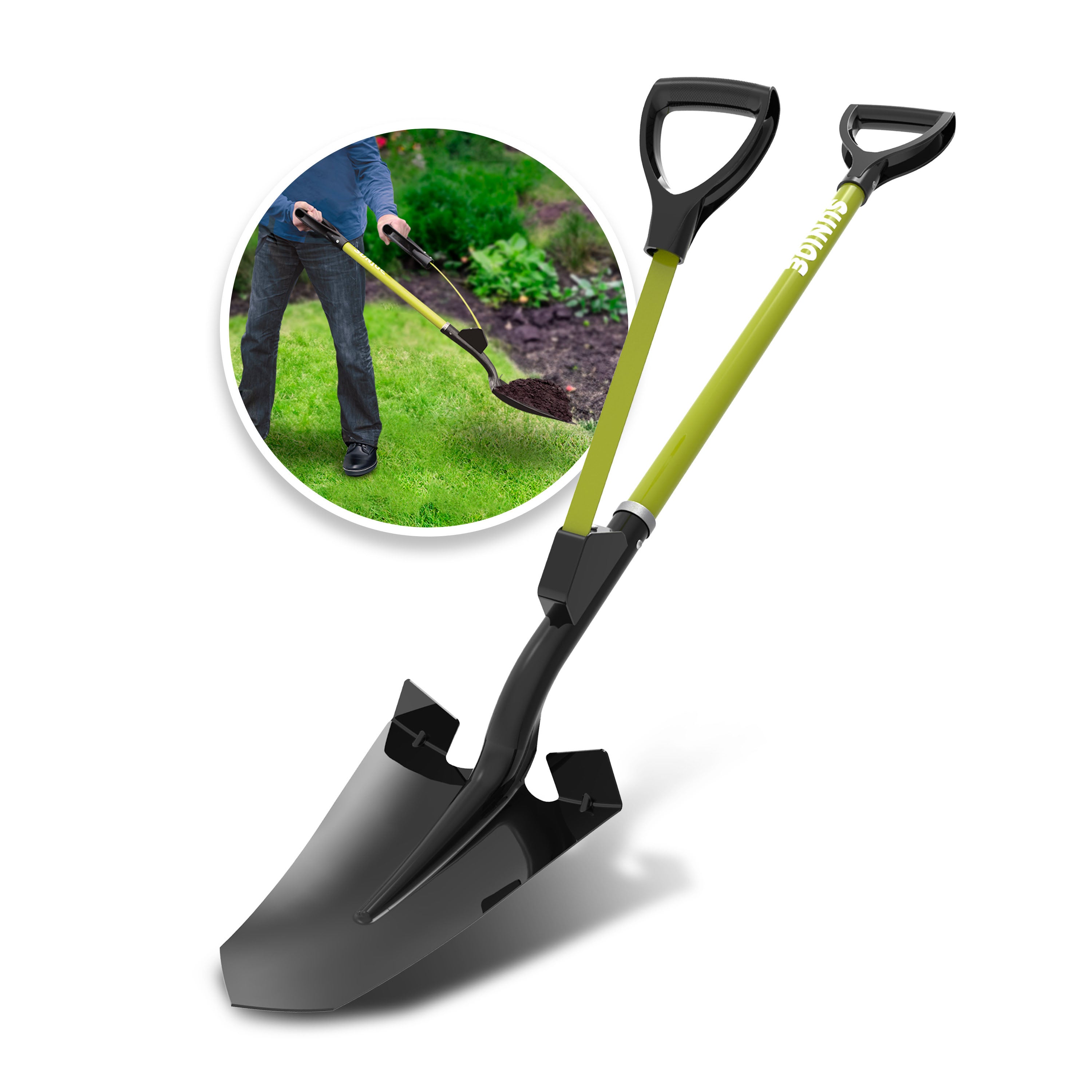 Sun Joe SJ-SHLV07 Shovelution Strain-Reducing Spear Head Digging Garden Shovel | Patented Shovelution Auxiliary Handle | 9-in Steel Head (Green)