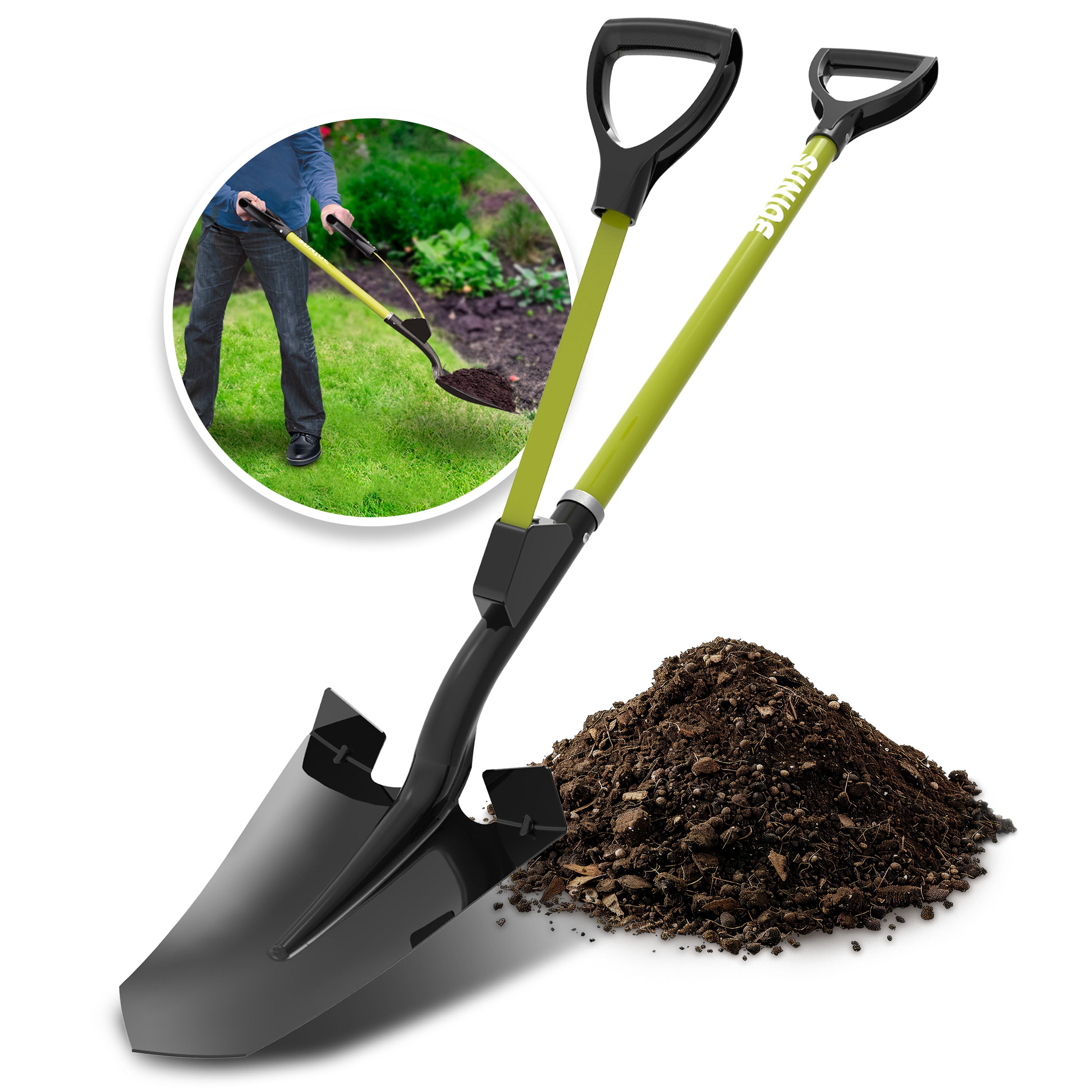 Sun Joe SJ-SHLV07 Shovelution Strain-Reducing Spear Head Digging Garden Shovel | Patented Shovelution Auxiliary Handle | 9-in Steel Head (Green)