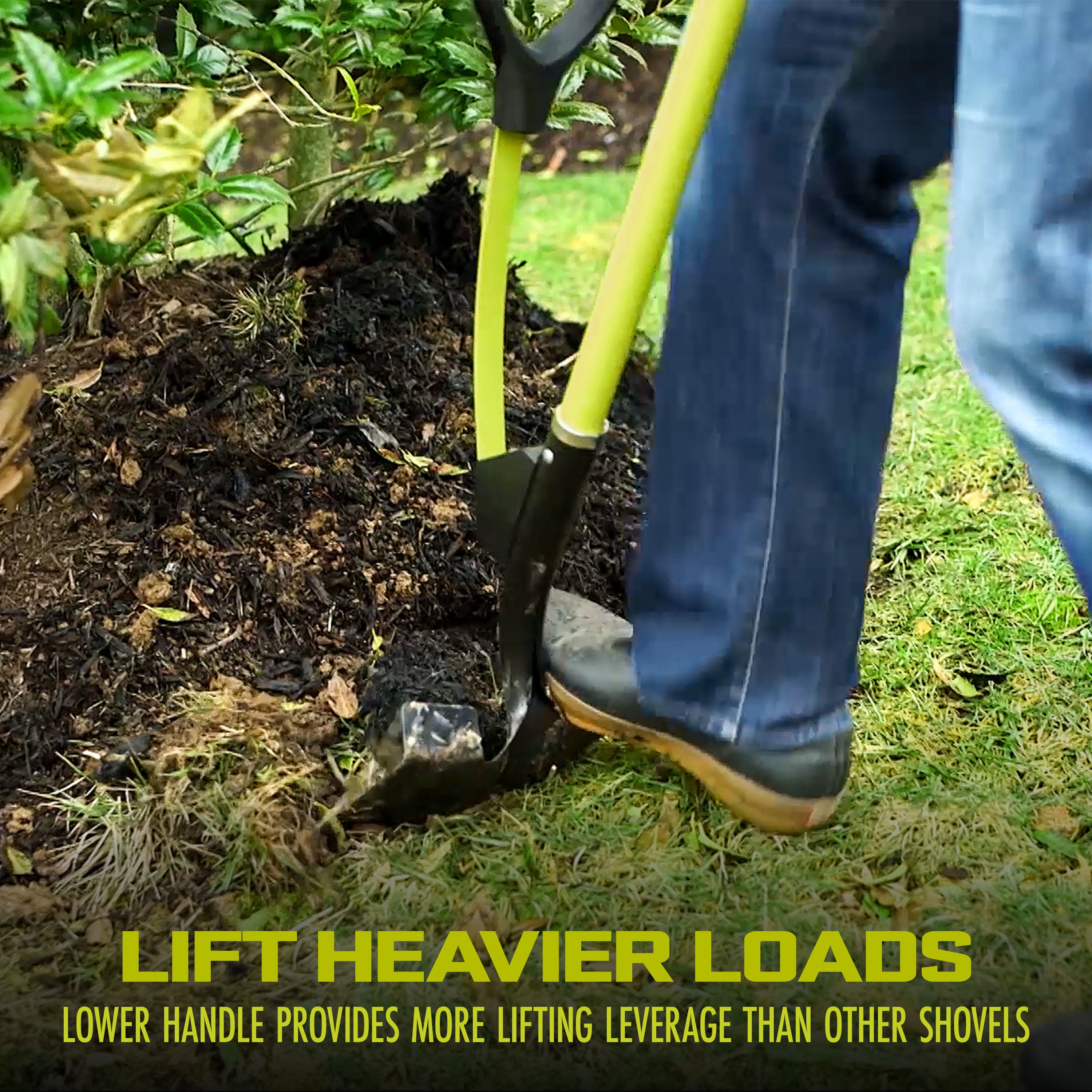 Sun Joe Shovelution Strain-Reducing Spear Head Digging Garden Shovel | Patented Shovelution Auxiliary Handle | 9-in Steel Head (Green)