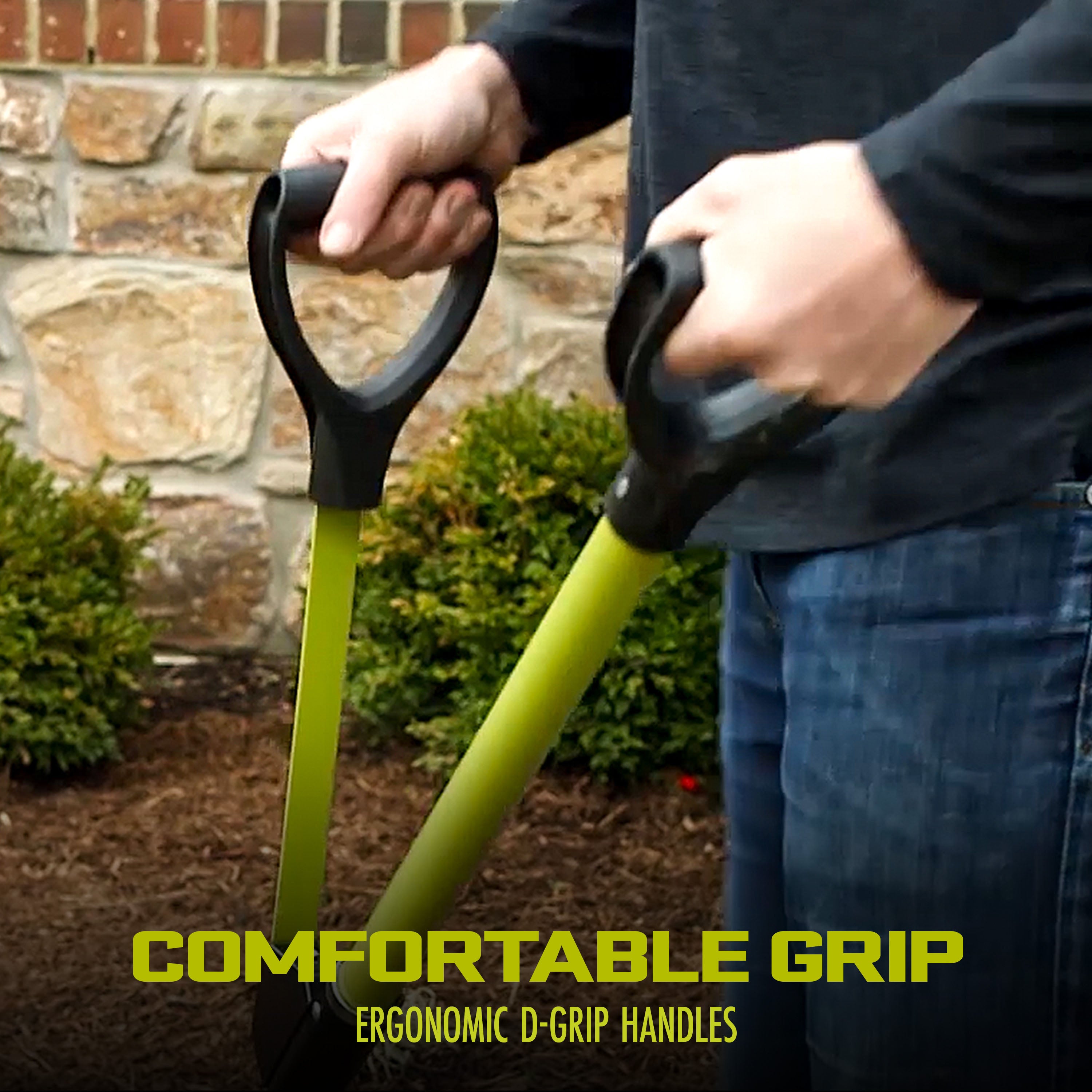 Sun Joe Shovelution Strain-Reducing Spear Head Digging Garden Shovel | Patented Shovelution Auxiliary Handle | 9-in Steel Head (Green)