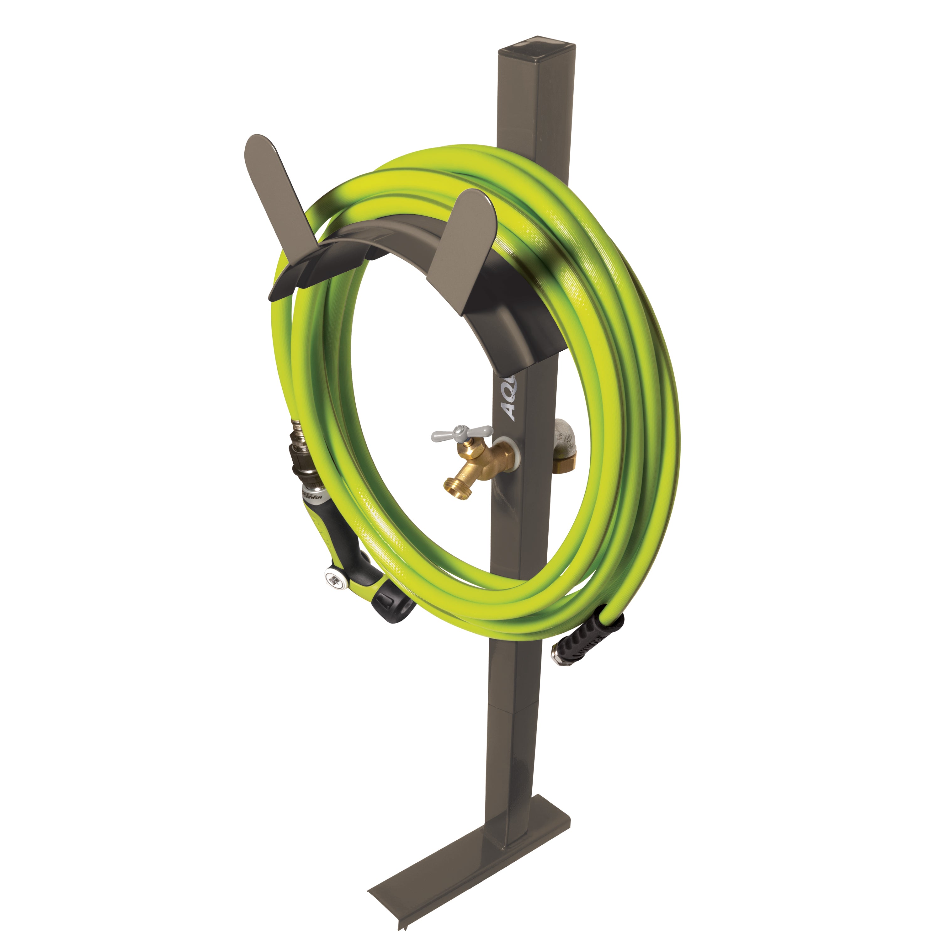 Aqua Joe Tan Garden Hose Stand with Brass Faucet holding a garden hose.