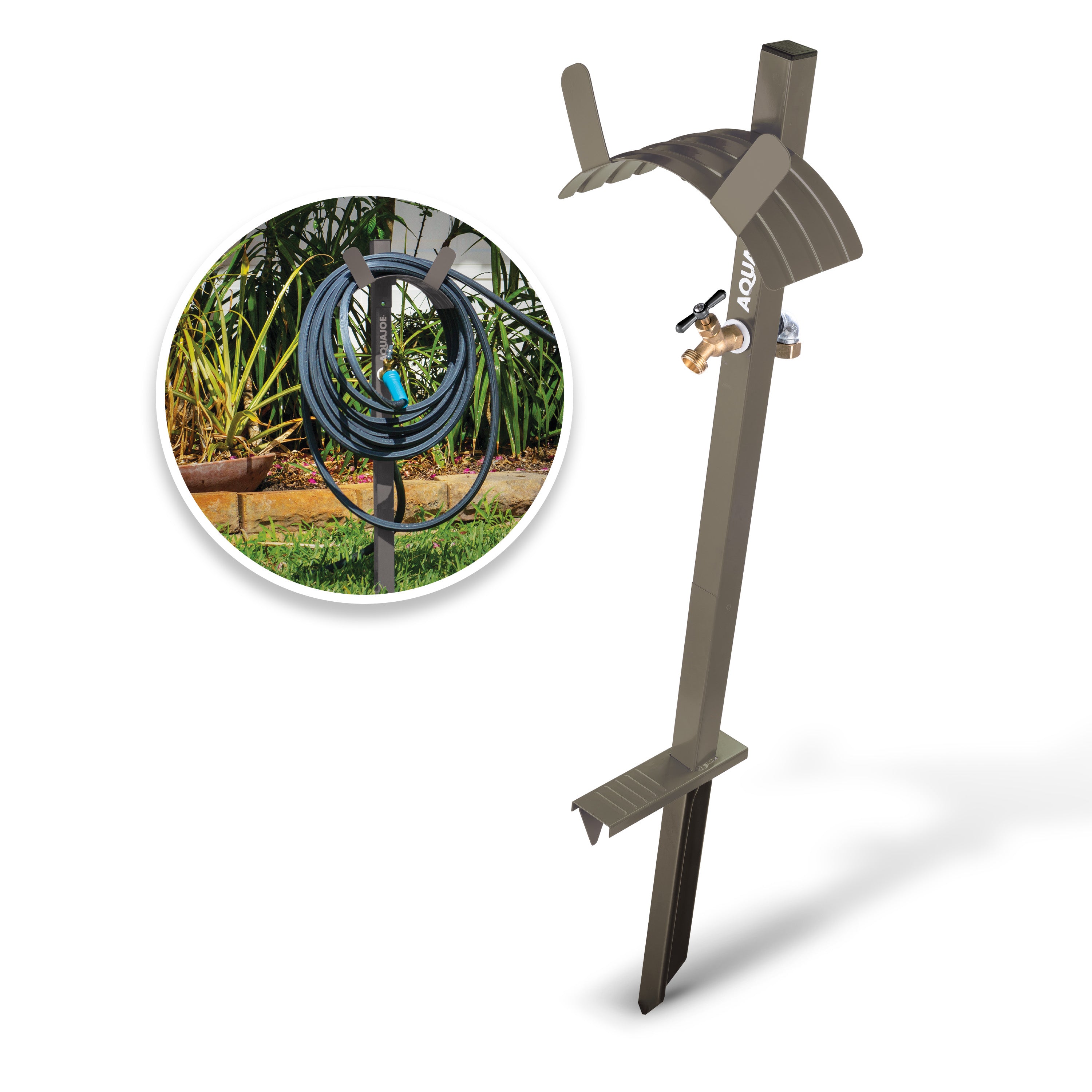 Aqua Joe SJ-SHSBB-TAN Garden Hose Stand W/ Brass Faucet | Stores Up To 125-ft (Tan)