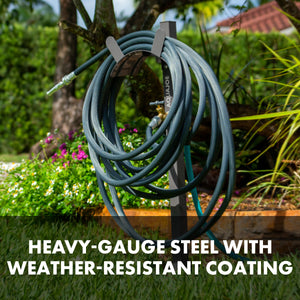 Heavy duty steel composition and weather resistant coating of the aqua joe steel hose stand