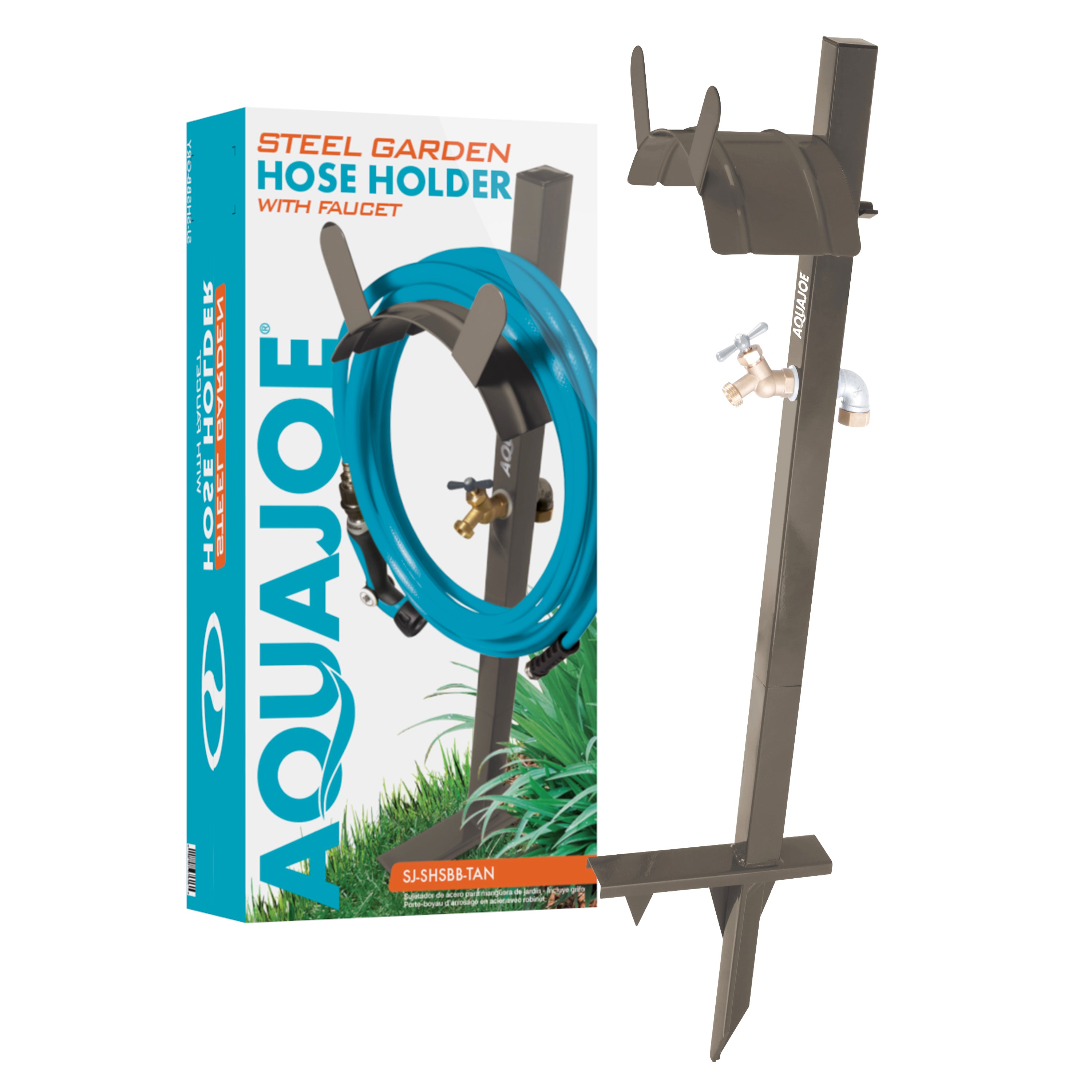 Aqua Joe Tan Garden Hose Stand with Brass Faucet and packaging beside it.