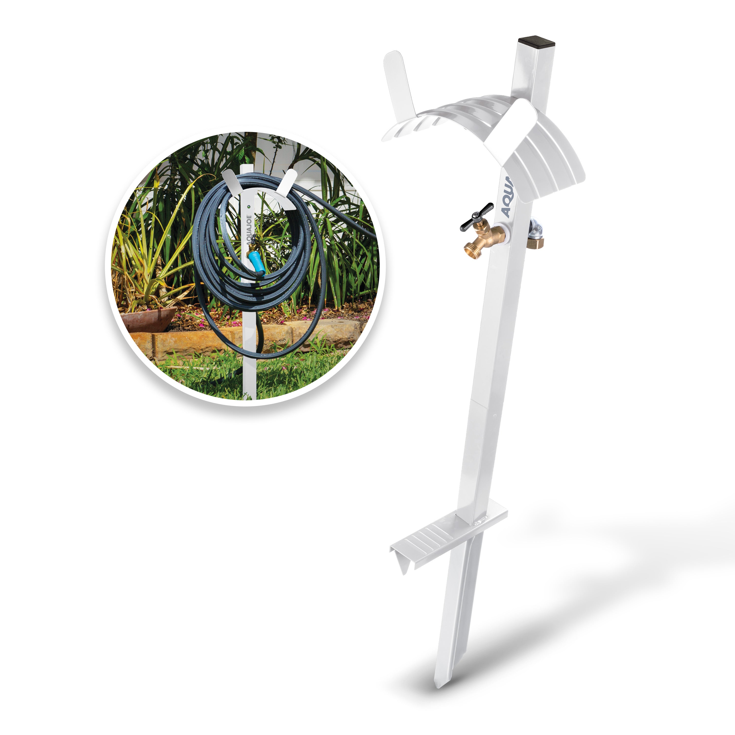 Aqua Joe SJ-SHSBB-WHT Garden Hose Stand W/ Brass Faucet | Stores Up To 125-ft (White)