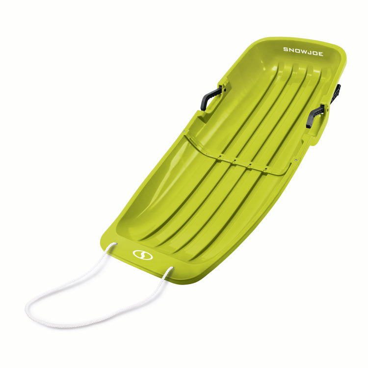 Angled view of the Snow Joe 48-inch green-colored kids snow sled.