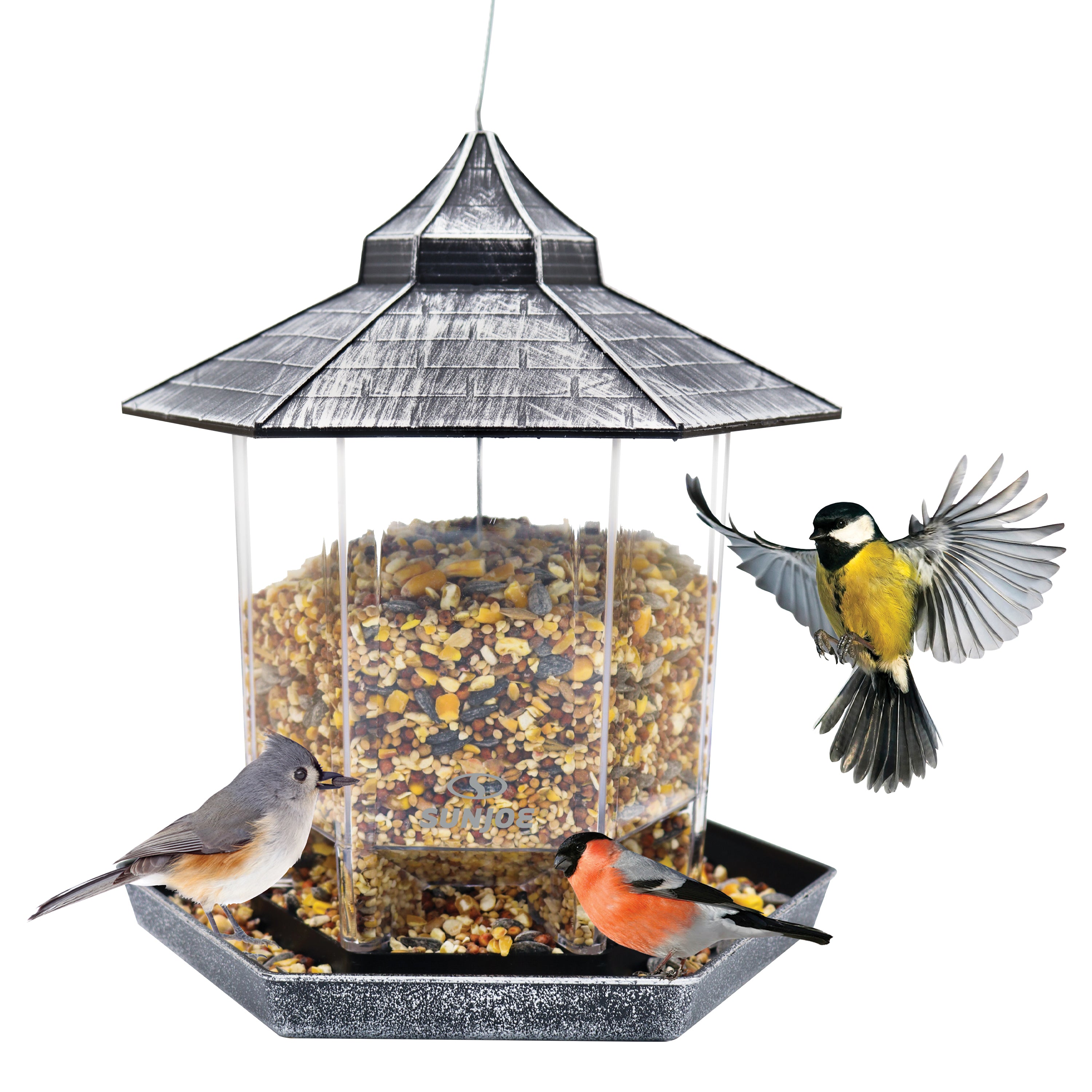 Sun Joe silver hexagonal Wild Bird Hanging Feeder filled with food and birds around it.