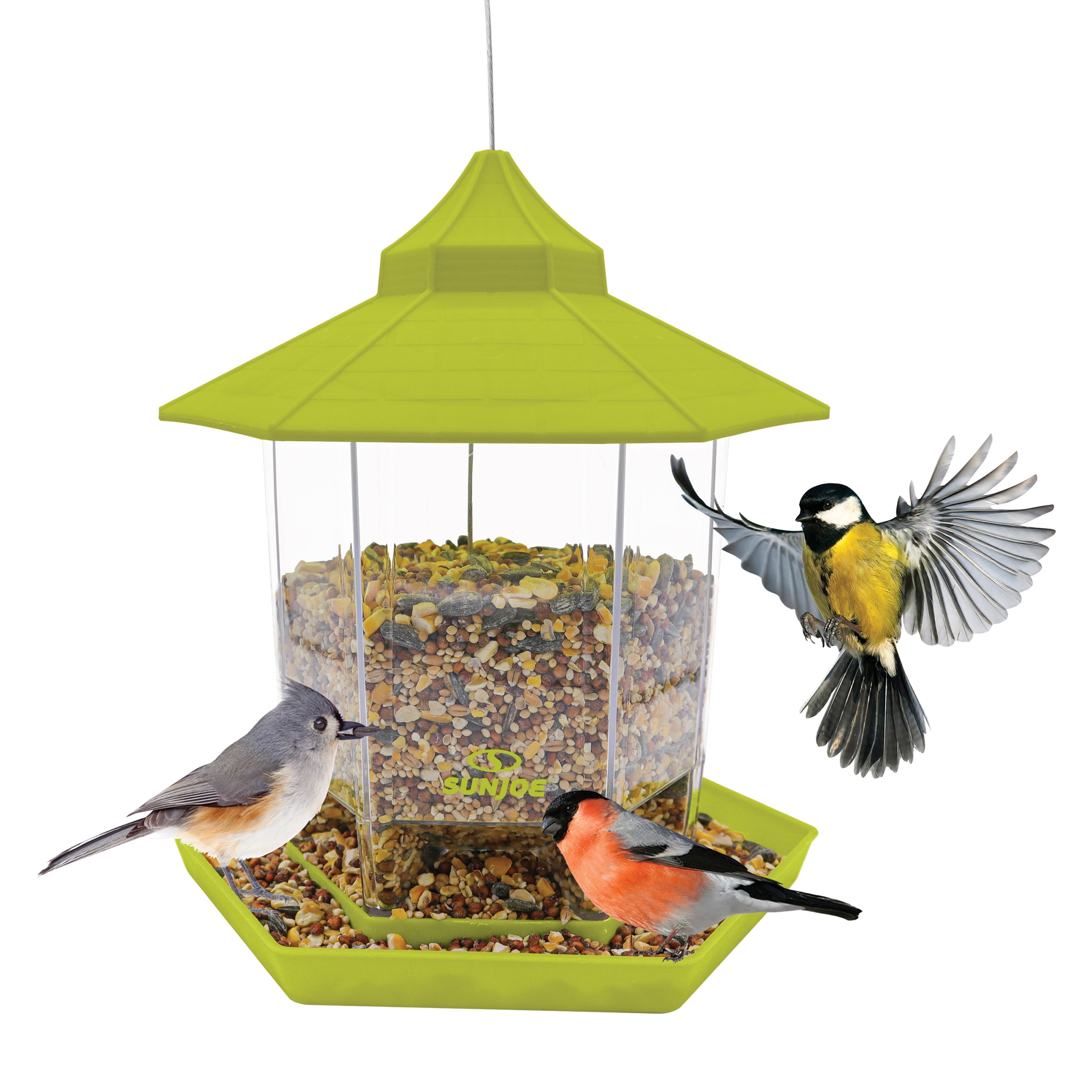 Sun Joe green hexagonal Wild Bird Hanging Feeder filled with food and birds around it.