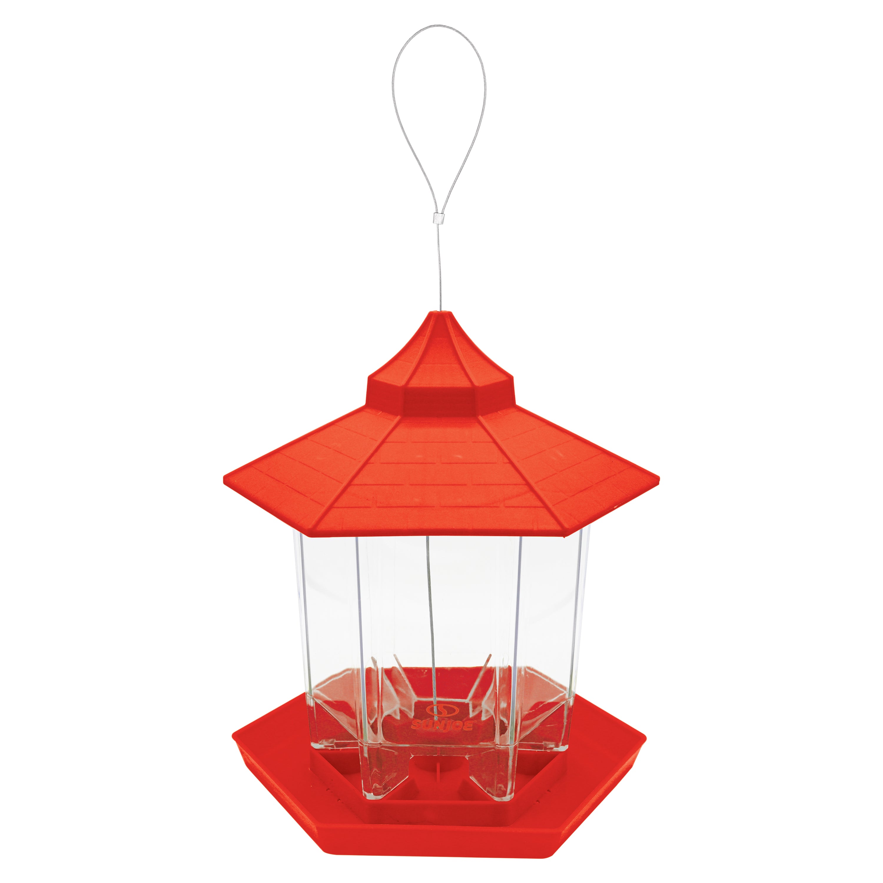 Sun Joe red hexagonal Wild Bird Hanging Feeder.