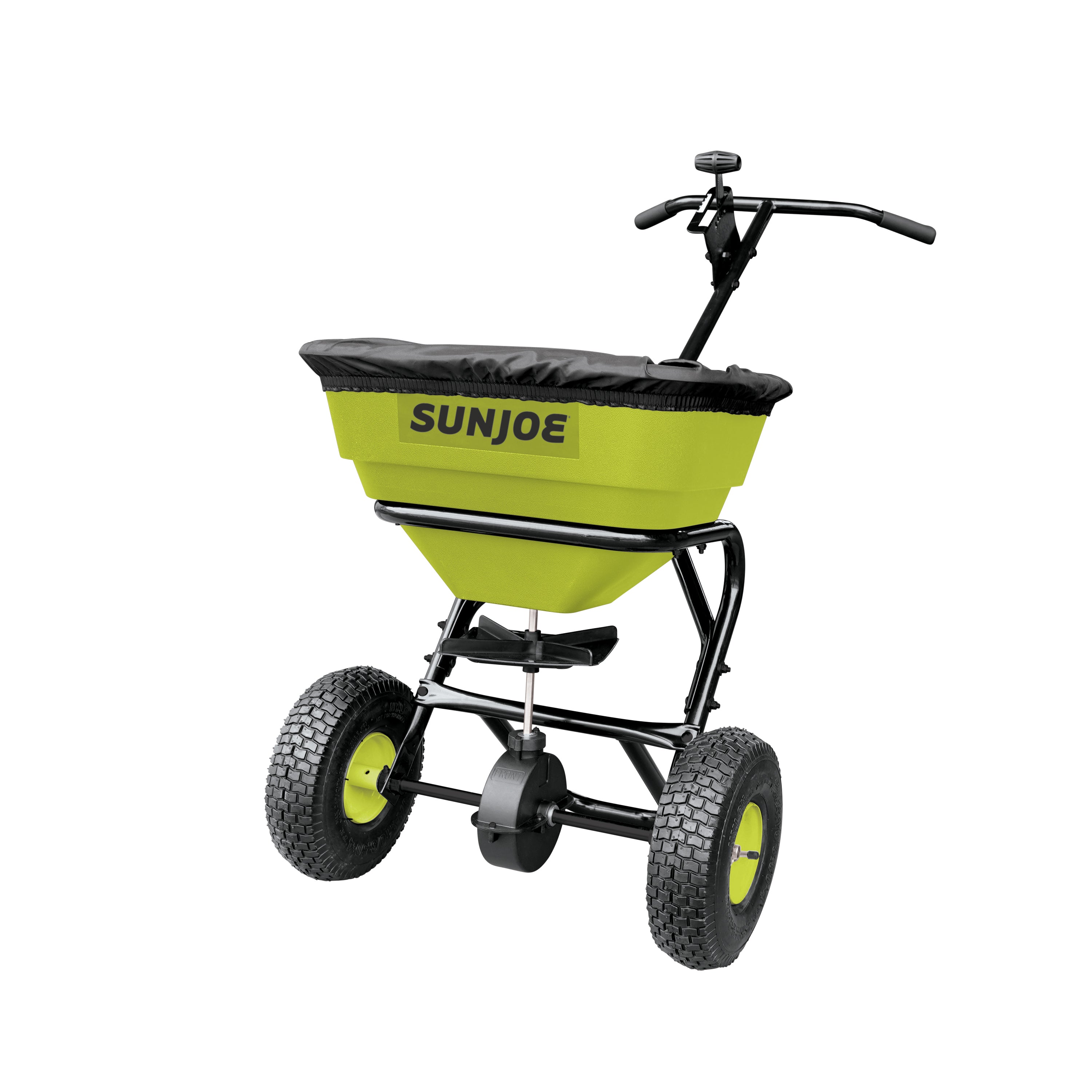 Right-angled view of the Sun Joe Multi-Purpose Walk-Behind Spreader with the cover on.