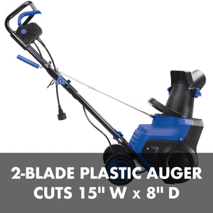 2-blade plastic auger cuts 15 inches wide and 8 inches deep.