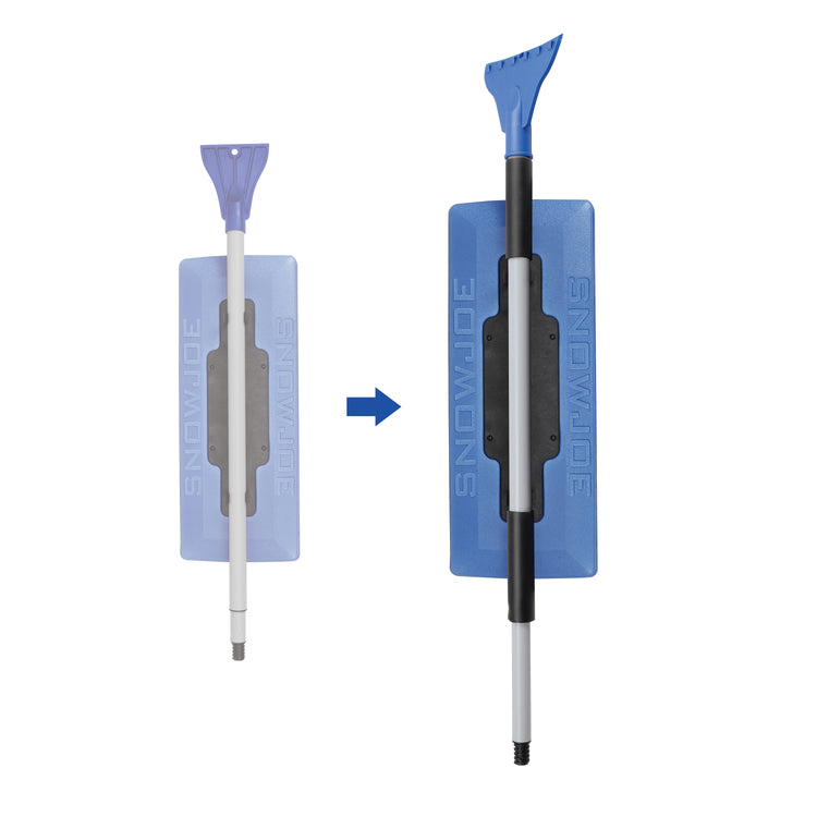 Illustration showing the collapsible design of the Snow Joe 19-inch 2-In-1 Telescoping Snow Broom and Ice Scraper.