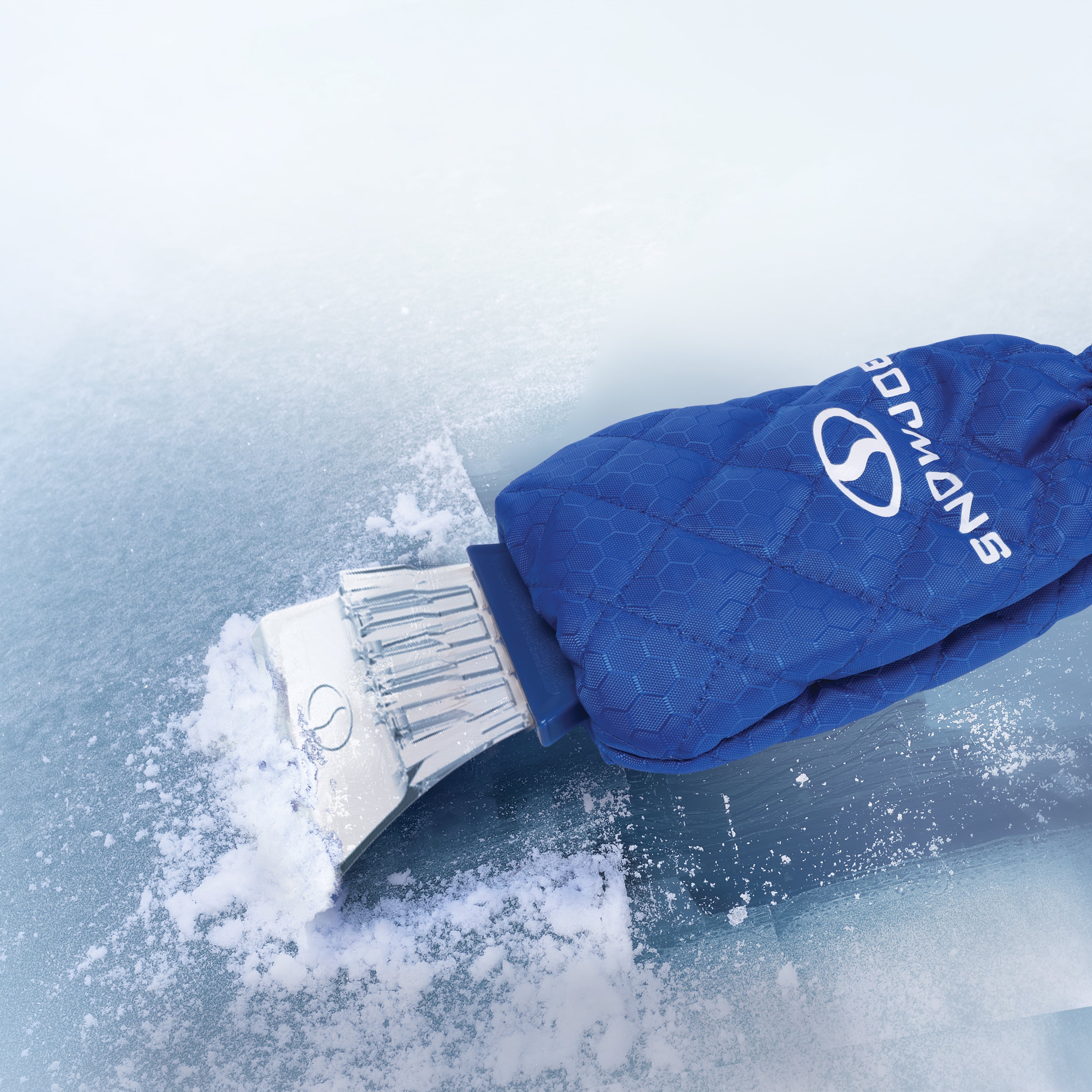 Snow Joe waterproof Polar Fleece Lined Mitt with Built-In Heavy-Duty Ice Scrapper scraping ice off a window.