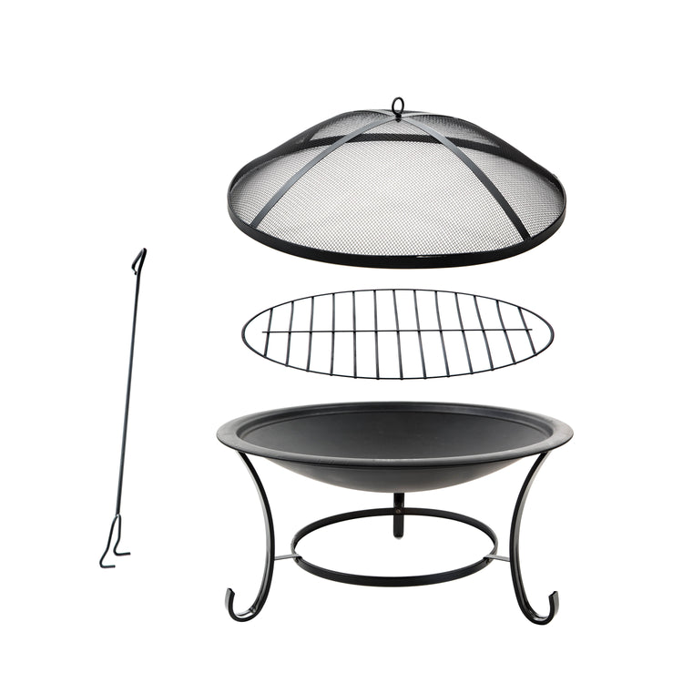 All pieces for the Sun Joe 30-Inch Round Steel Fire Pit: fire bowl, log grid, dome screen, and poker.