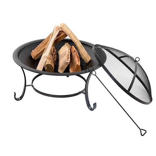 Sun Joe 30-Inch Round Steel Fire Pit with logs on it and the Dome Screen and Poker leaning against it.