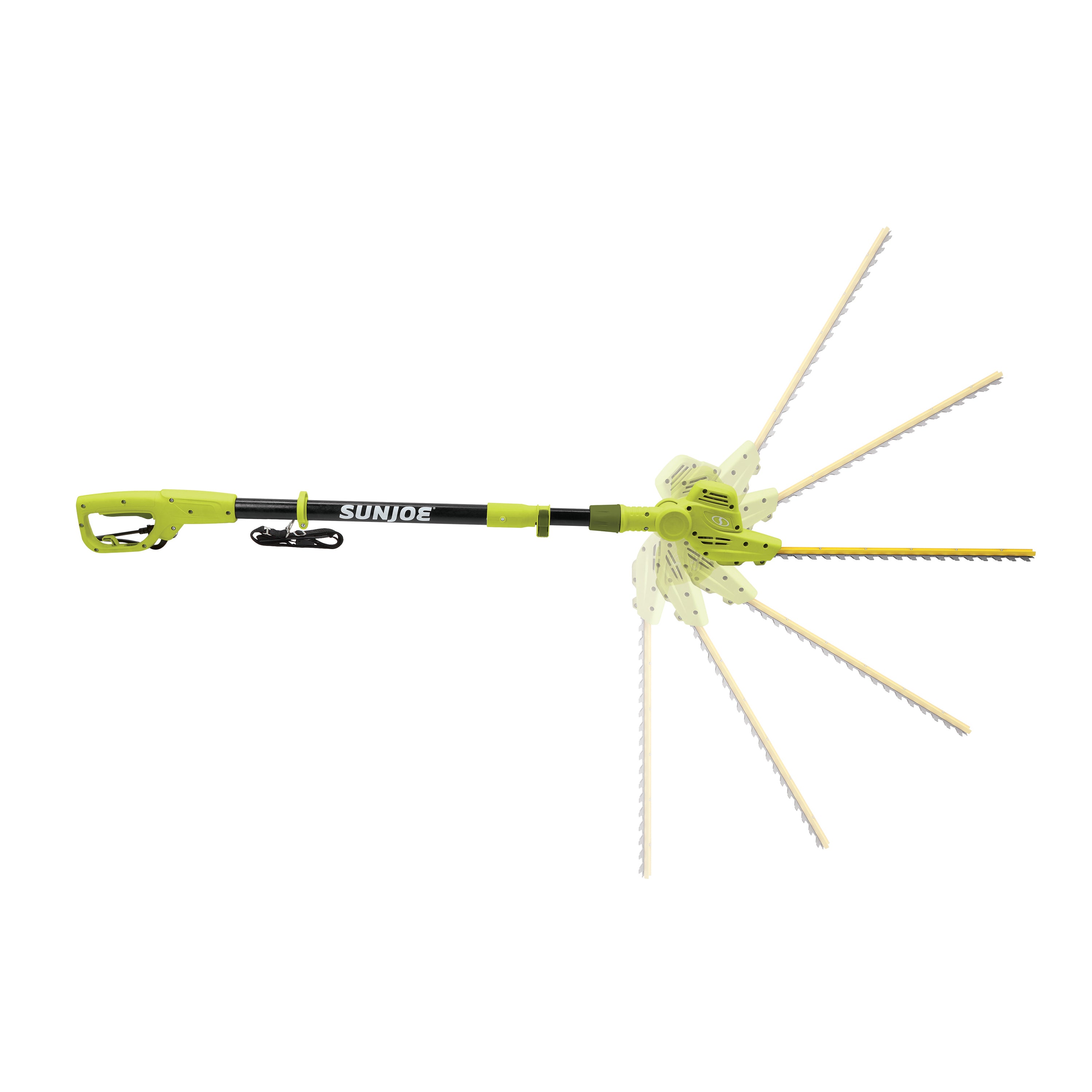 Side view of the Sun Joe 3.8-amp 18-inch Multi-angle Electric Pole Hedge Trimmer with motion blur showing the multi-angle head.