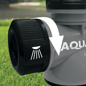 Close-up of the faucet dial on the Aqua Joe Multi-Function gray-colored Outdoor Faucet and Garden Hose Tap Connector.