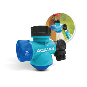 Aqua Joe multi function outdoor faucet with inset image of product in use