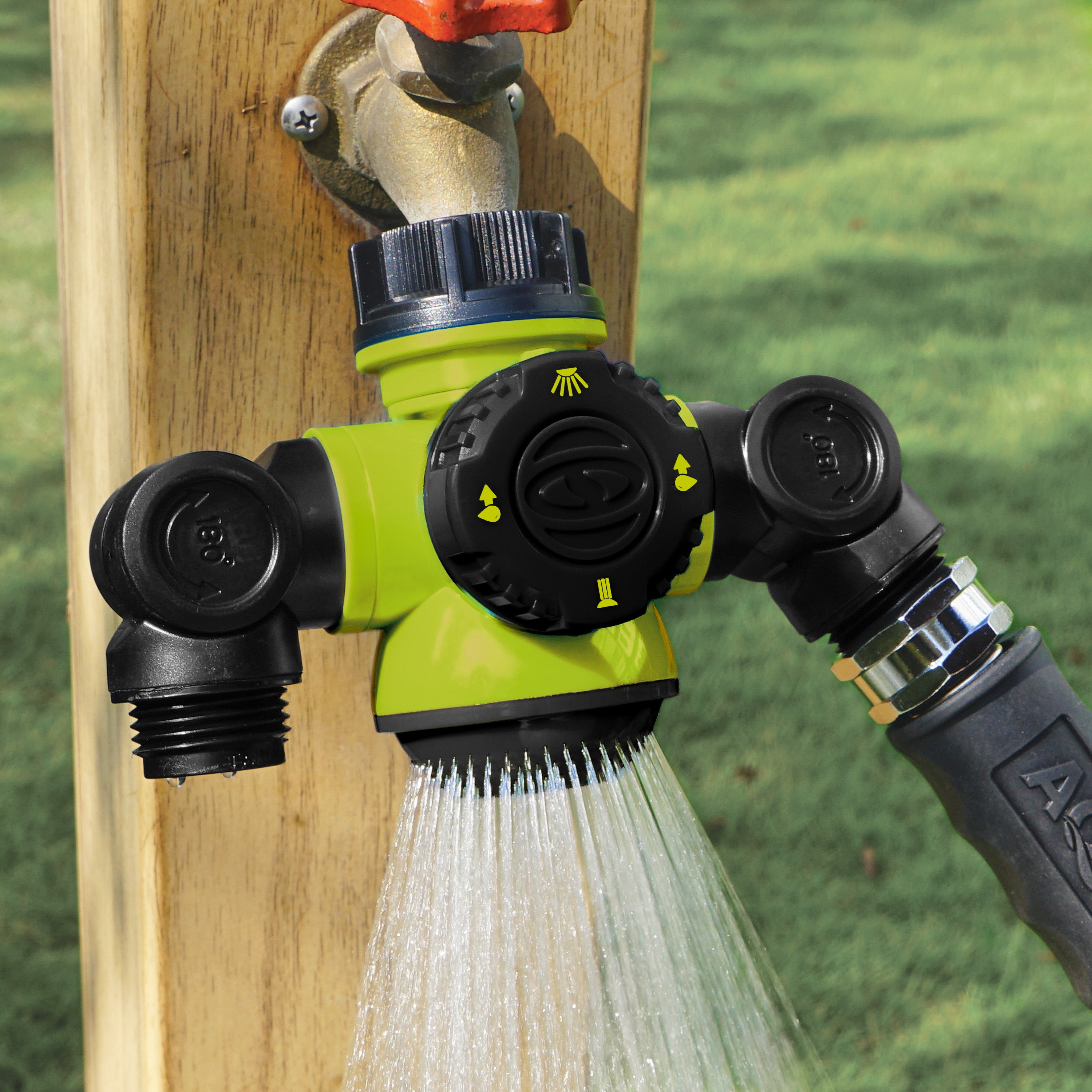 Aqua Joe SJI-MFGA2-SJG Multi-Function Outdoor Faucet & Dual Garden Hose Tap Connector (Green)