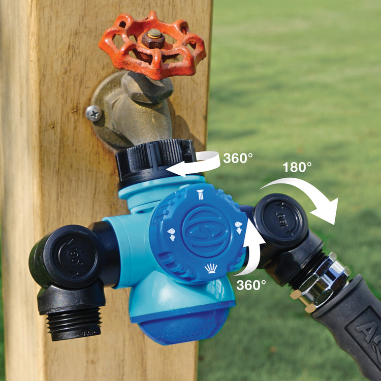 Diagram showing the adjustable joints on the Aqua Joe Multi-Function Outdoor Faucet and Dual Garden Hose Tap Connecter.