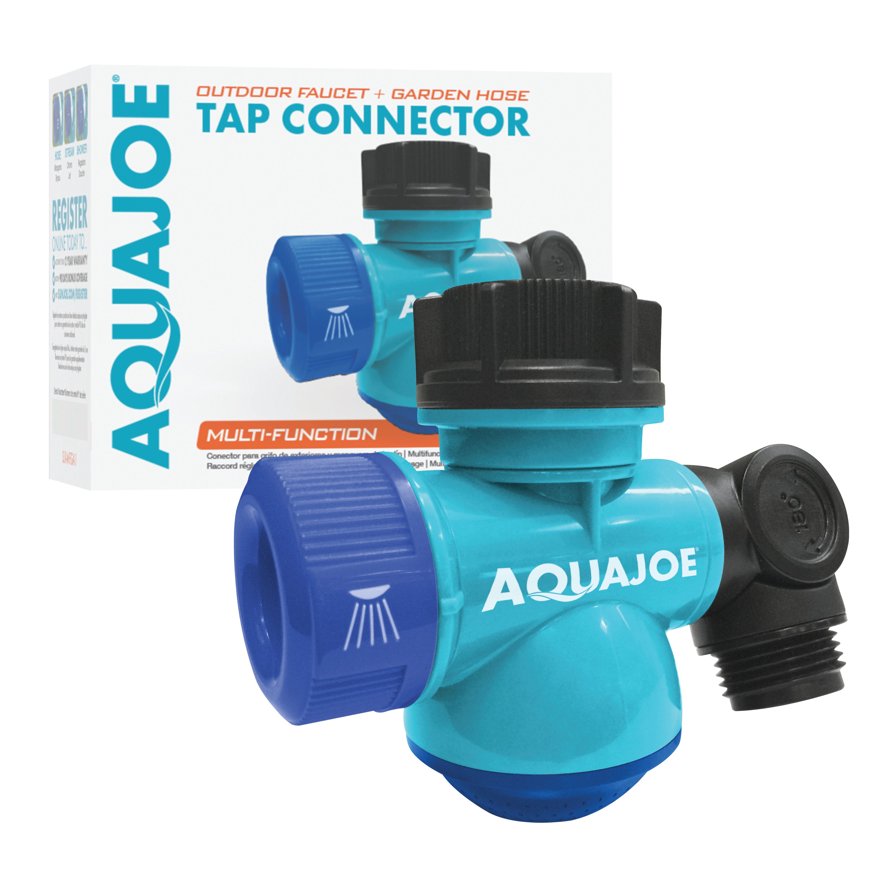 Aqua Joe Multi-Function Outdoor Faucet and Garden Hose Tap Connector with packaging.