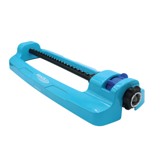 Angled view of the Aqua Joe 20-nozzle Indestructible Jumbo Metal Base Oscillating Sprinkler.