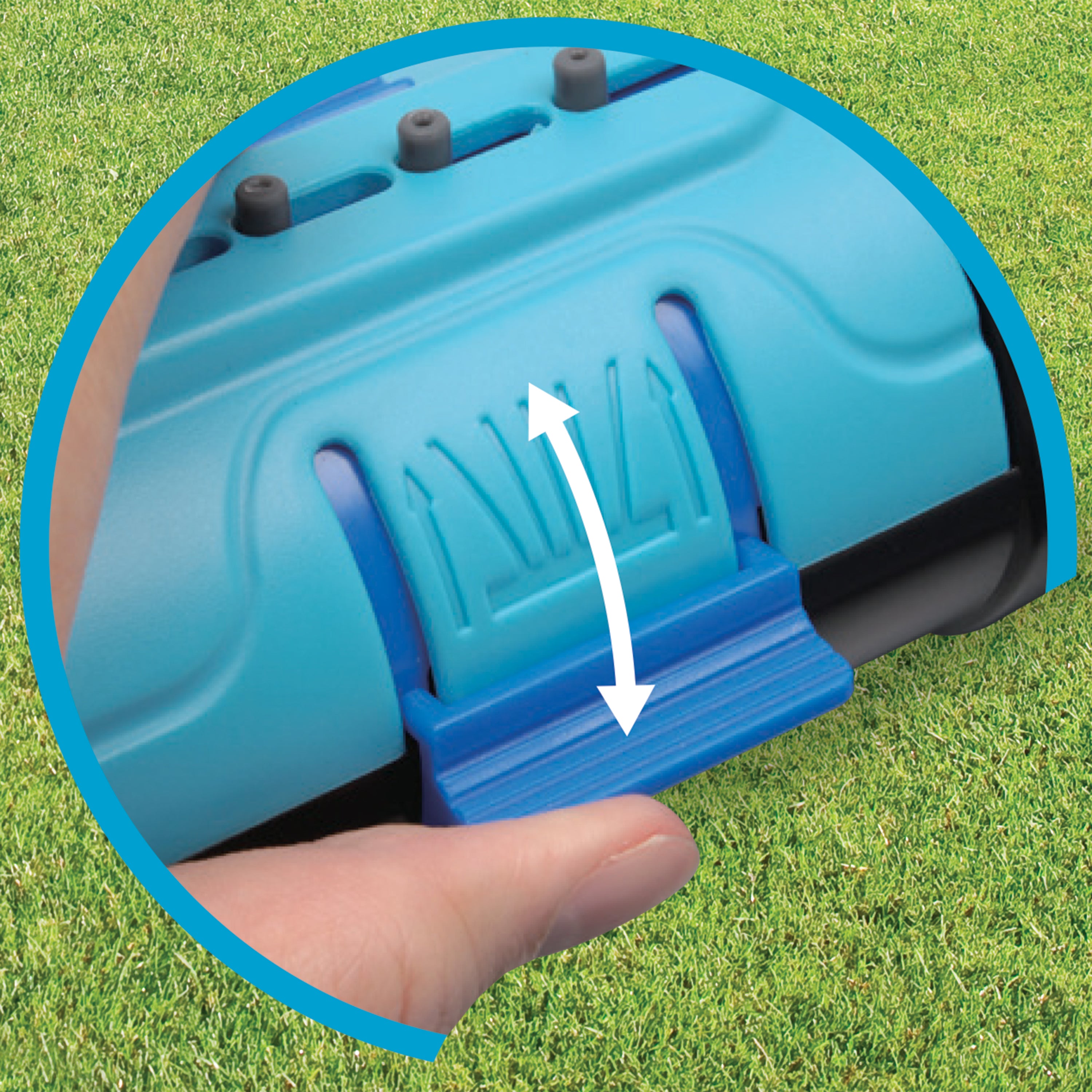 Close-up of the width sliding tab on the Aqua Joe 20-nozzle Turbo Oscillating Lawn Sprinkler.