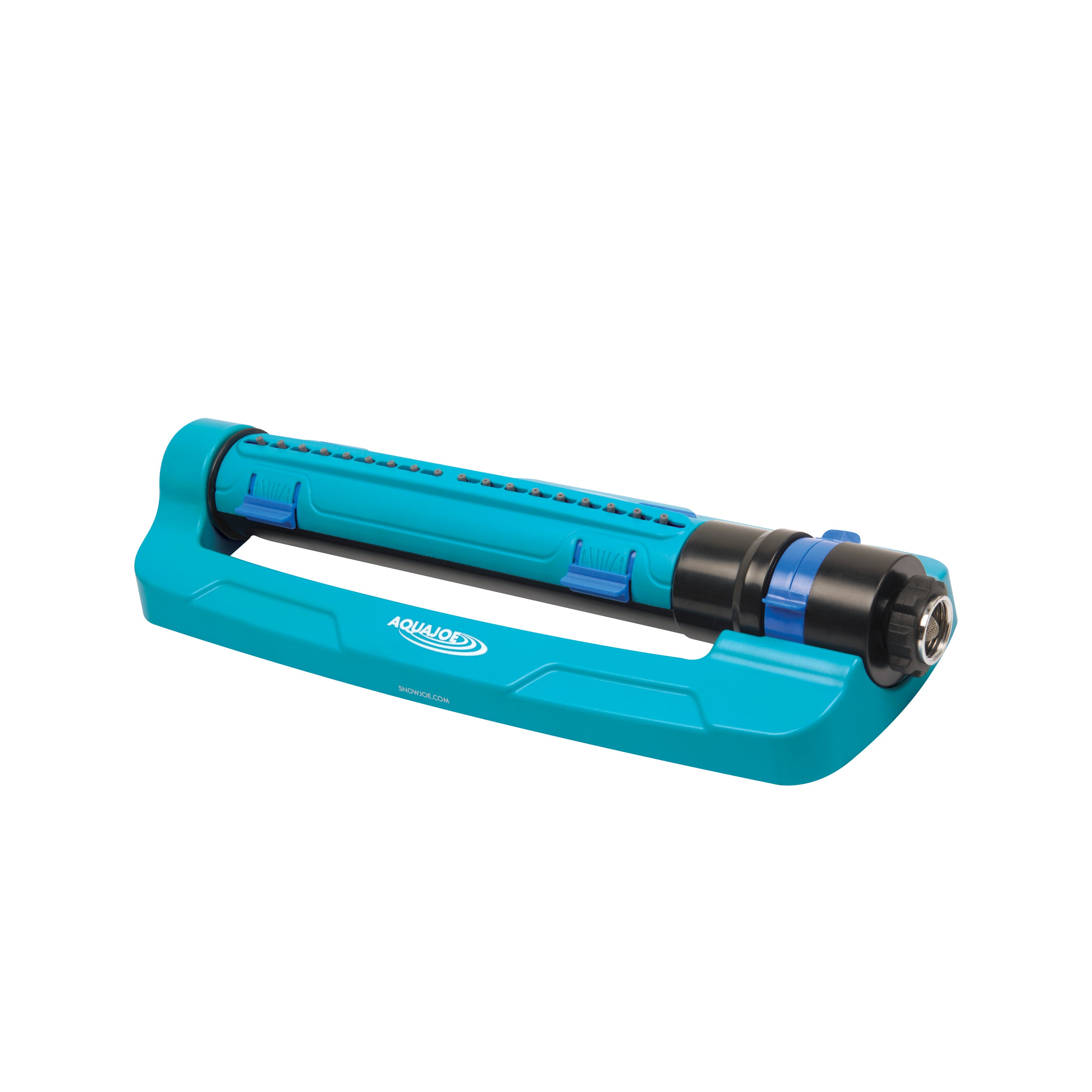 Angled view of the Aqua Joe 20-nozzle Turbo Oscillating Lawn Sprinkler.