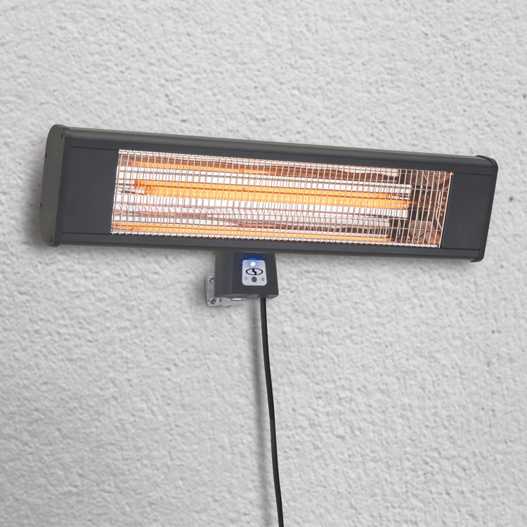 Sun Joe Water-Resistant Electric Indoor and Outdoor Patio Infrared Heater mounted onto a wall.