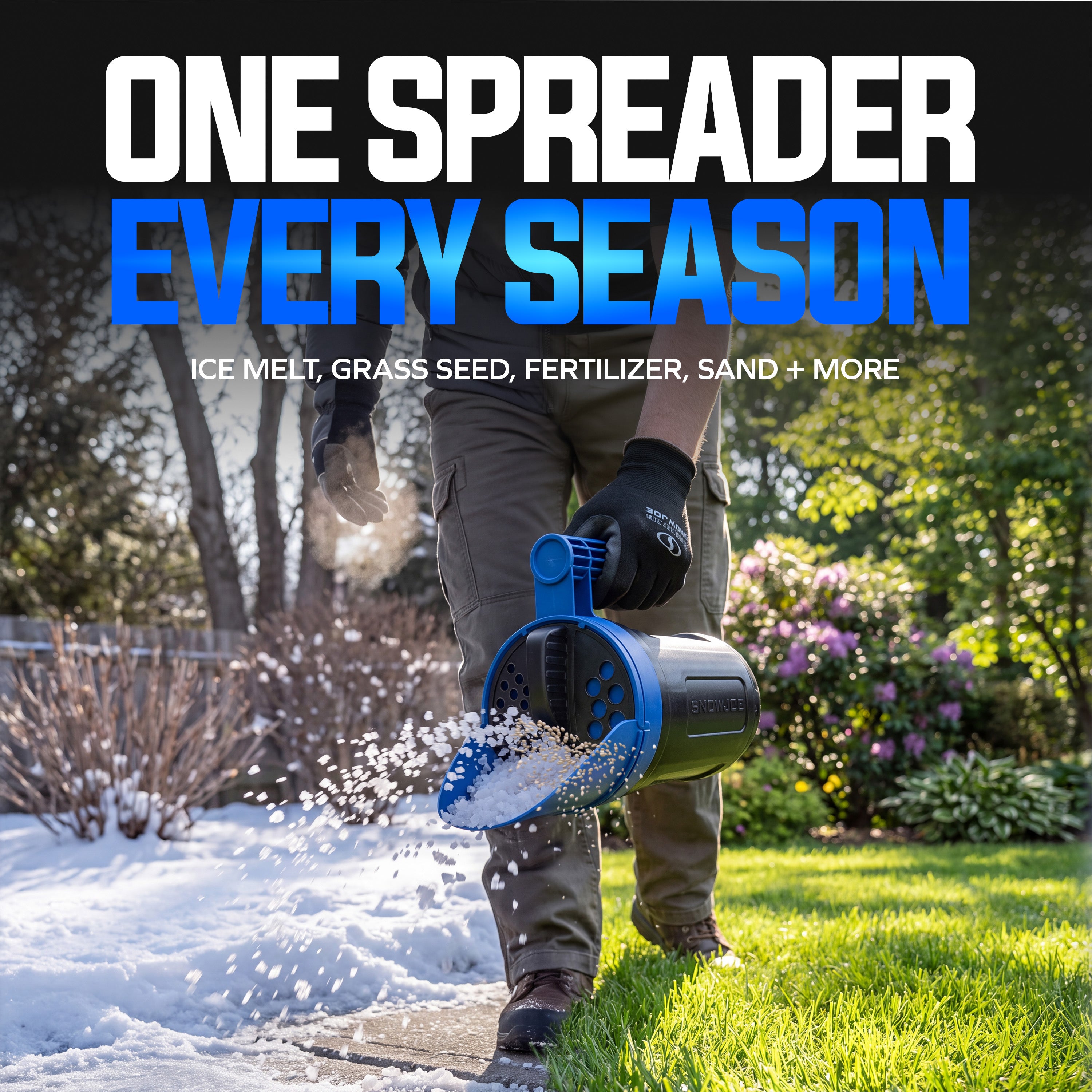 Snow Joe + Sun Joe Handheld All-Season Multi-Purpose Spreader | 5 lbs | W/ Adjustable Dial Flow Control