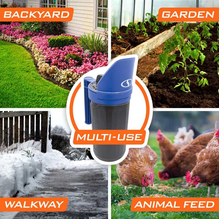 Diagram for the uses of the Snow Joe and Sun Joe Handheld All-Season Multi-Purpose Spreader: backyard, garden, walkway, and animal feed.