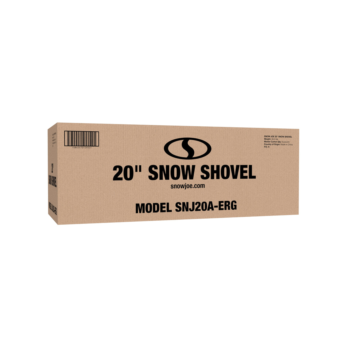 Packaging for the Snow Joe 20-inch Heavy-Duty Aluminum Ergonomic Snow Shovel.