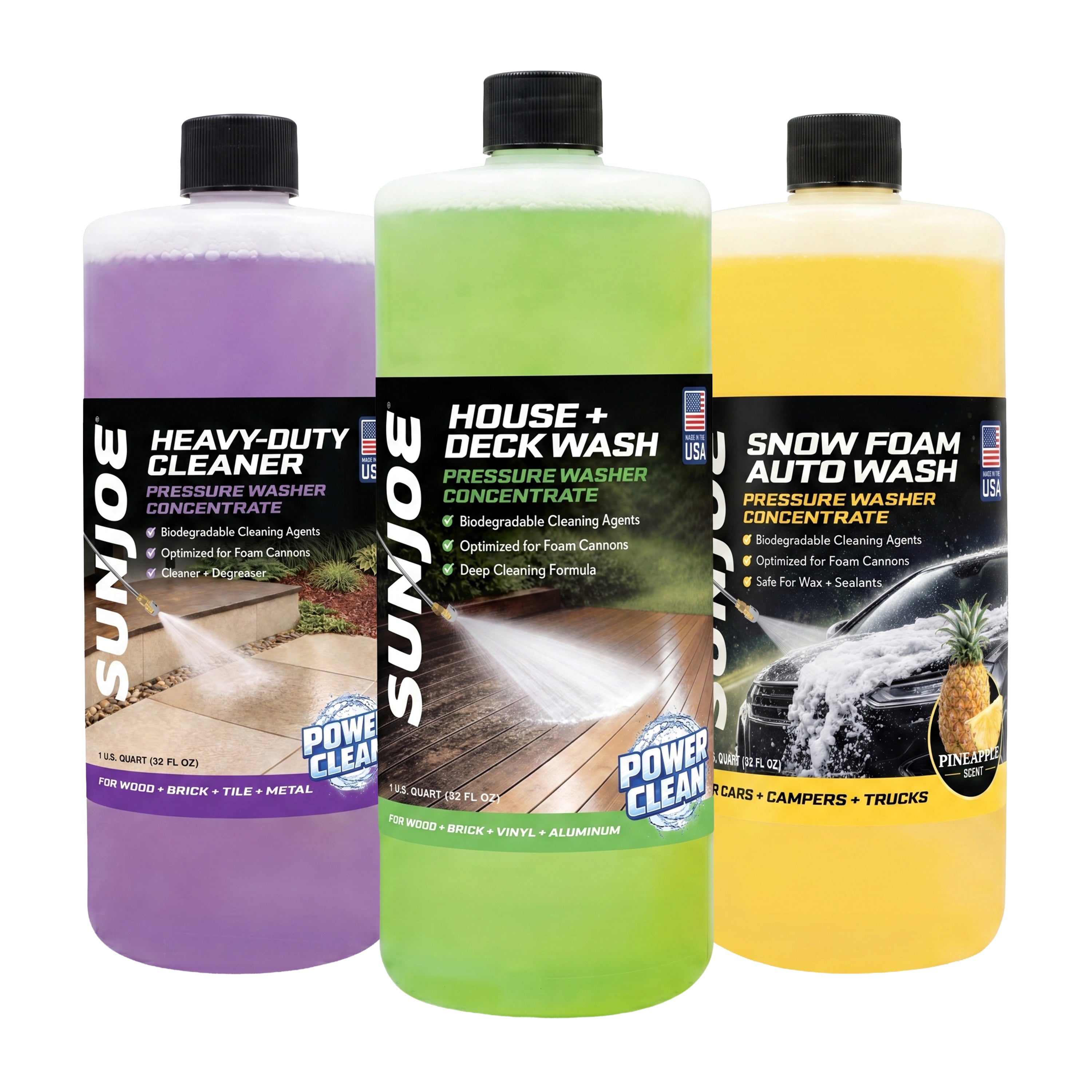 Sun Joe 3-Pack Pressure Washer Concentrate Trio | House and Deck Wash | Auto Foam | All Purpose Cleaner