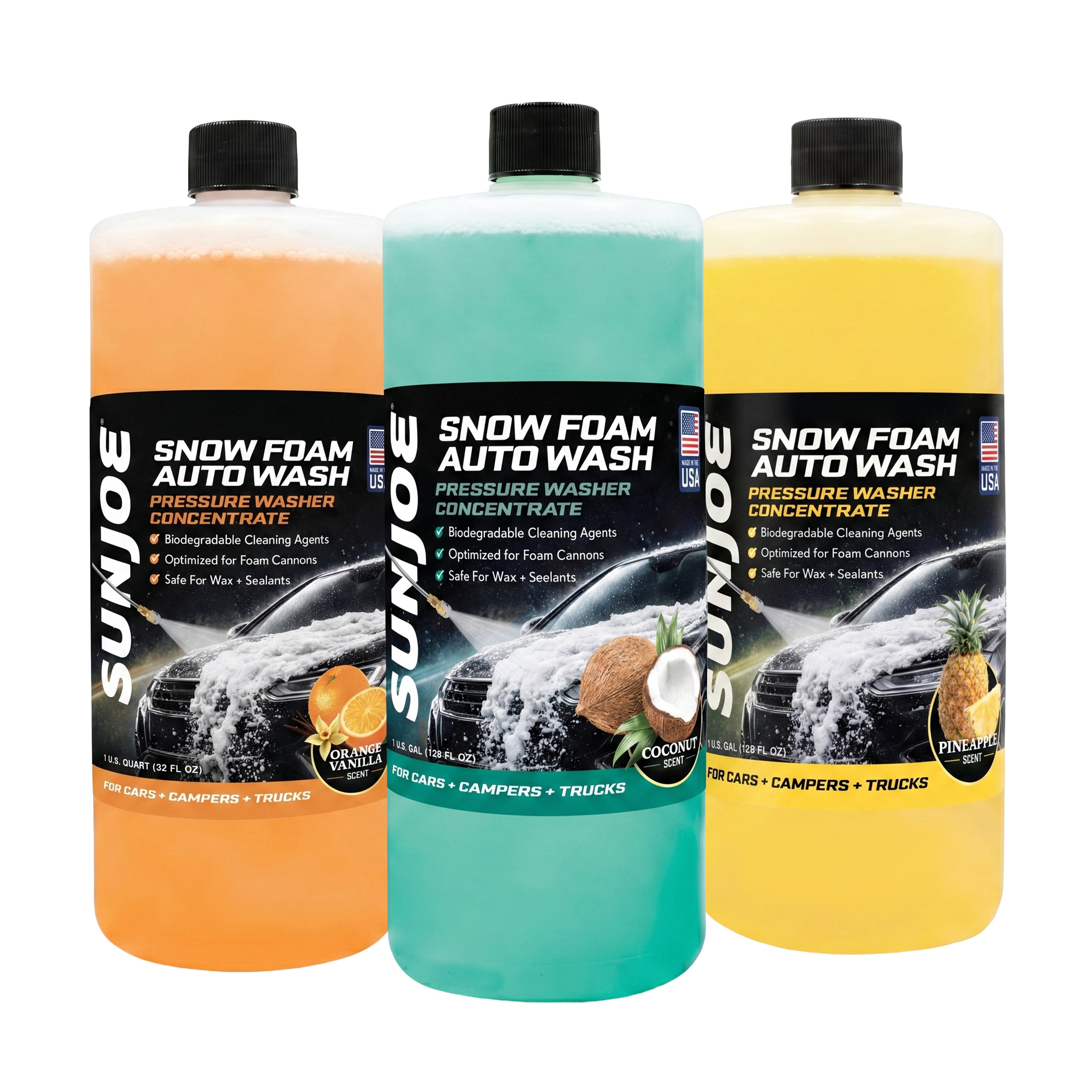 Sun Joe 3-Pack Pressure Washer Auto Snow Foam Trio | Pineapple | Orang