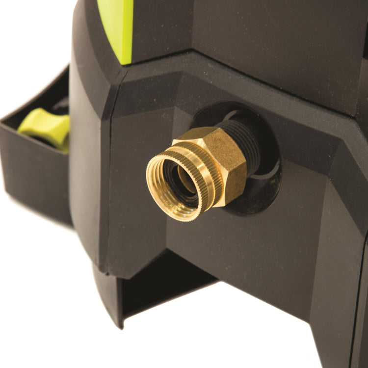 Sun Joe Universal Dual Swivel Brass Double Female Connector attached to a pressure washer.