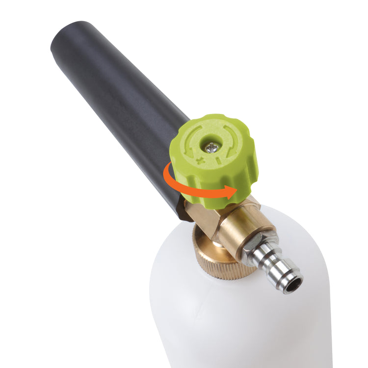 Close-up of the adjustment knob on the Sun Joe 34-ounce Foam Cannon for SPX Series Electric Pressure Washers..