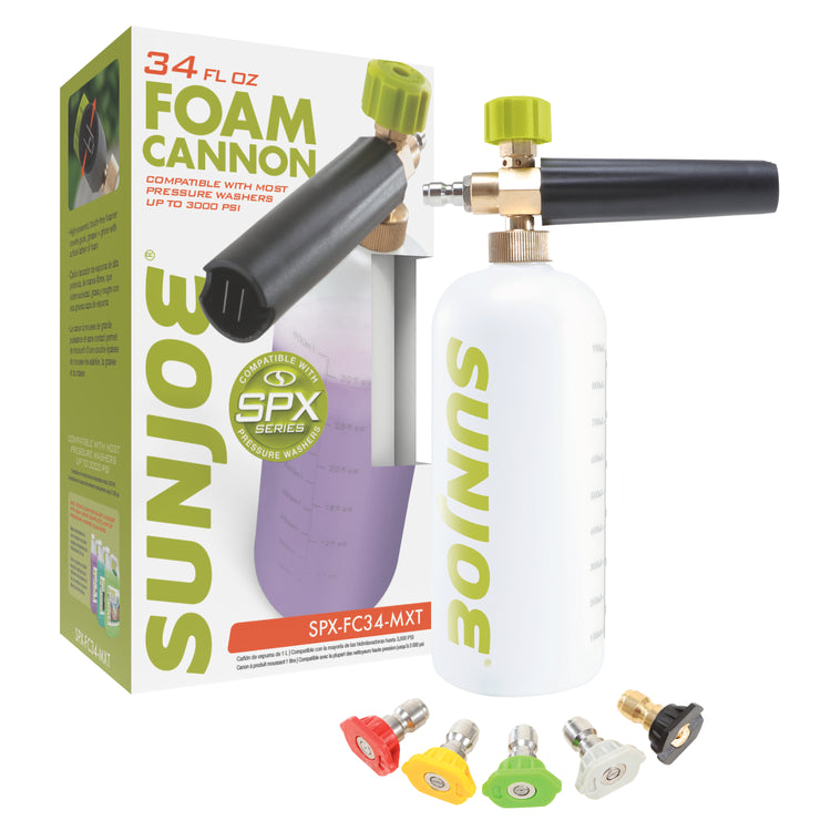 Sun Joe 34-ounce Foam Cannon for SPX Series Electric Pressure Washers with 5 quick connect tips and packaging.