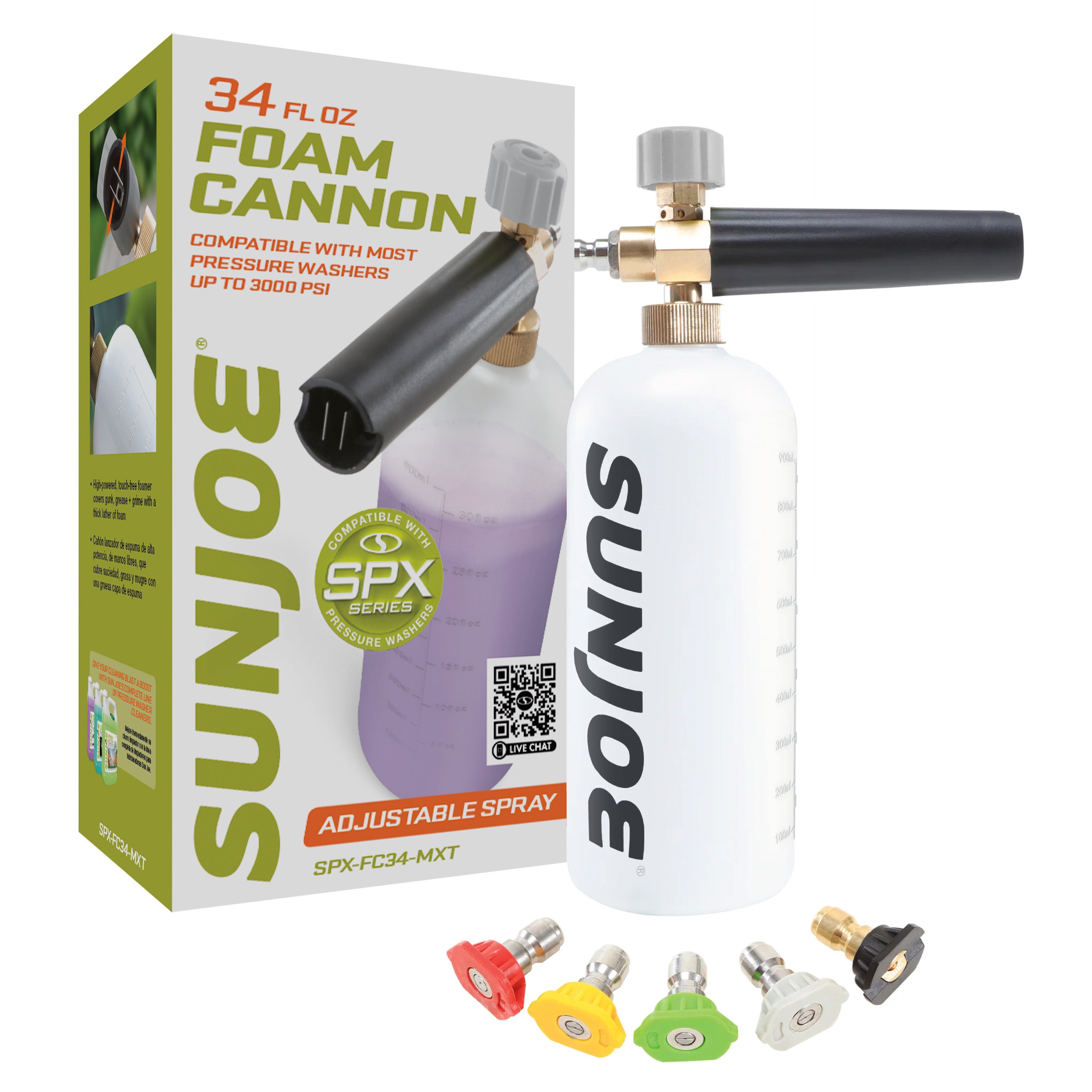 Sun Joe foam cannon attachment diagram with transfer adapter and black soap nozzle