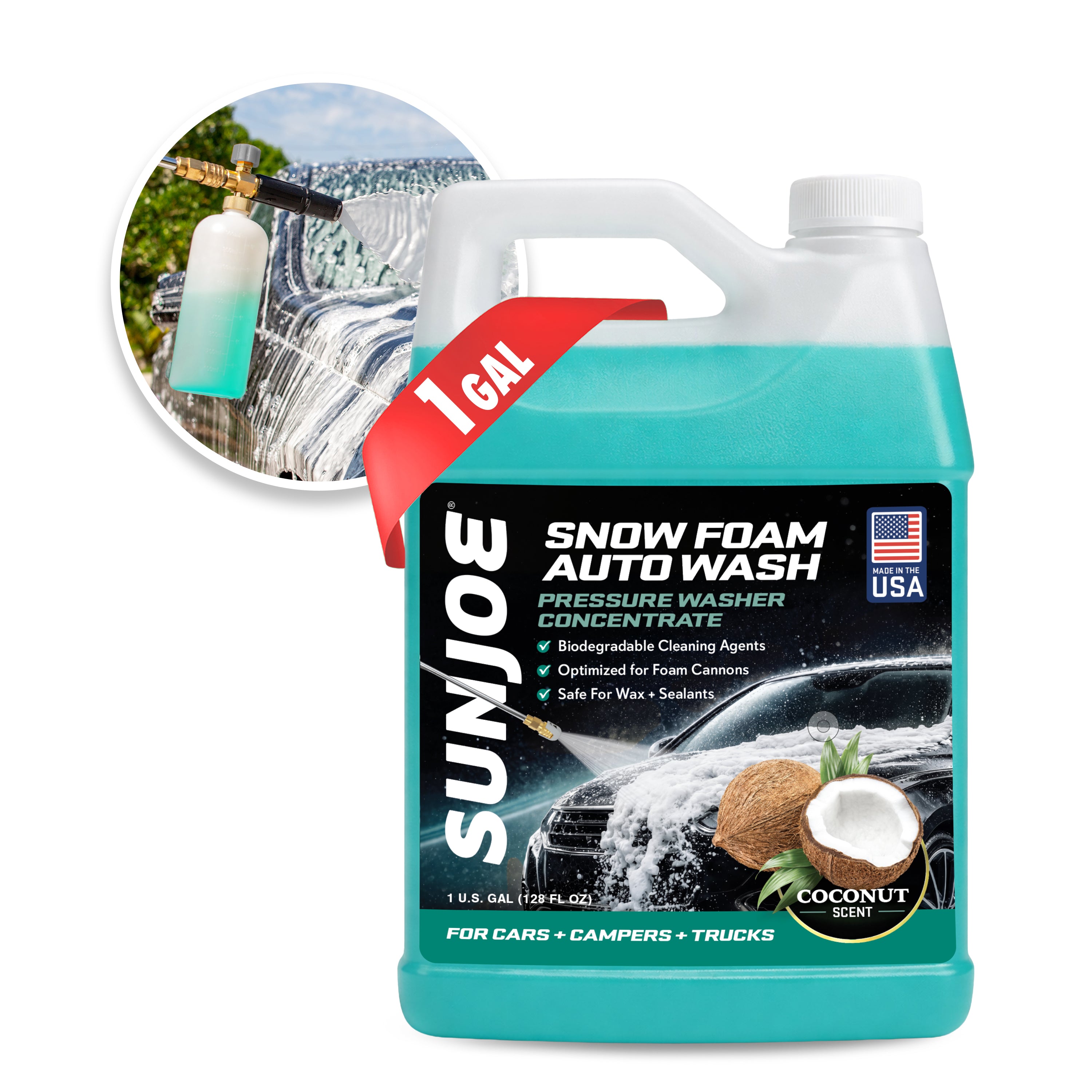 Sun Joe Premium Snow Foam Car Wash Soap and Cleaner | 1-Gal. | Coconut Scent